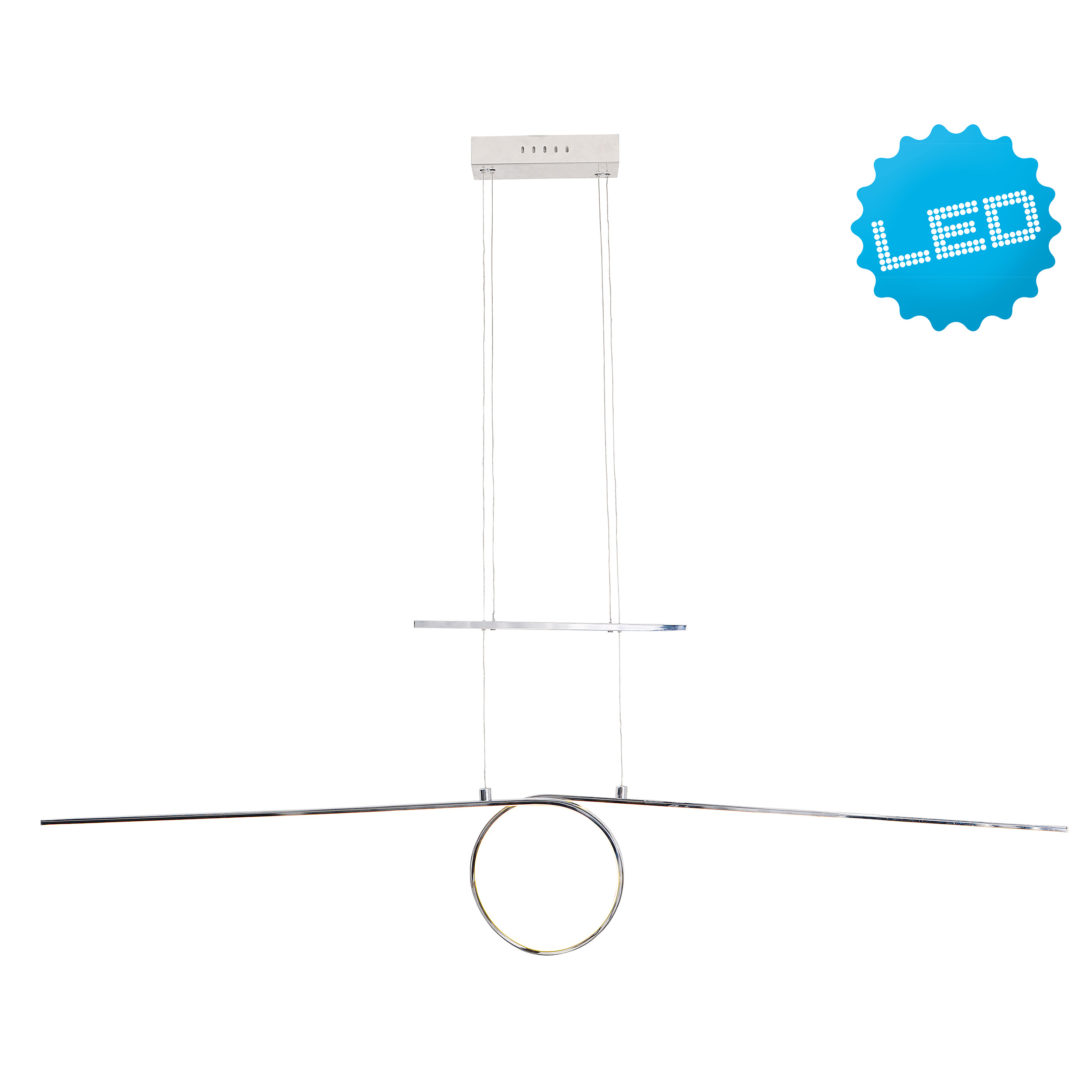 Eine moderne silberne und weiße LED-Leuchte wird mit einem blauen LED-Badge gezeigt.