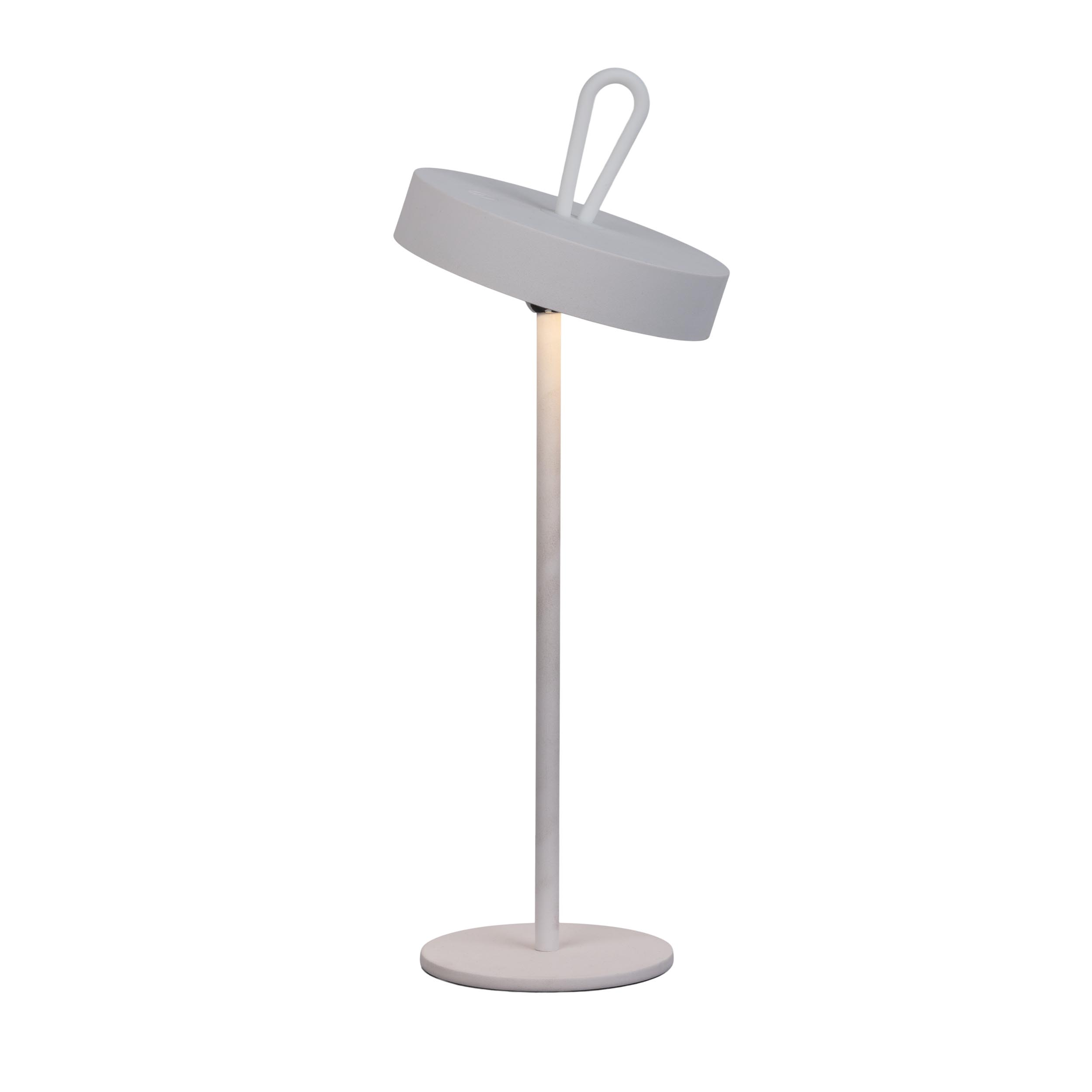 Weiß moderne Lampe mit kreisförmigem Oberteil und schlankem Stiel auf weißem Hintergrund.