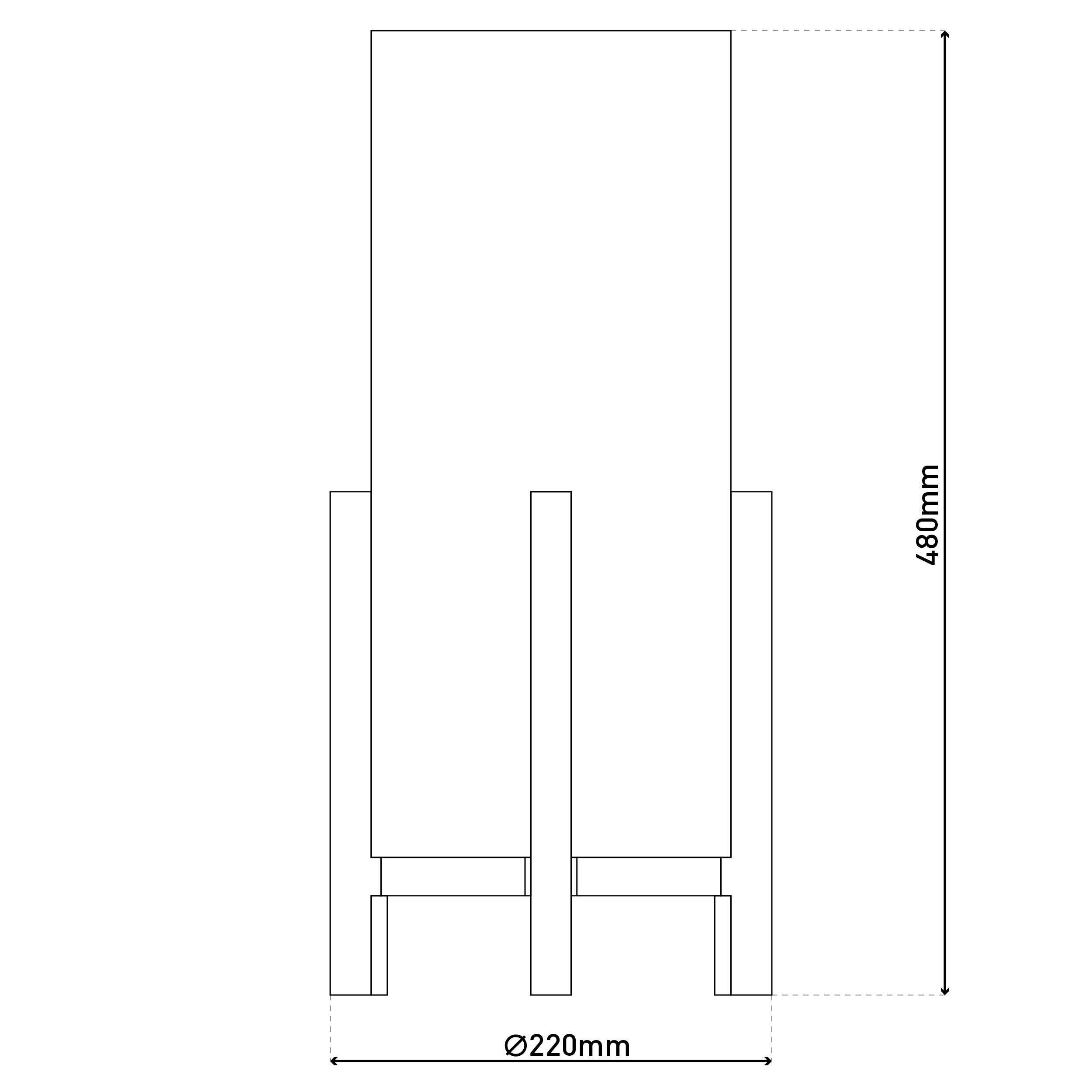 Eine schematische Darstellung eines Stuhls in schwarzen Umrissen mit mm-Abmessungen.