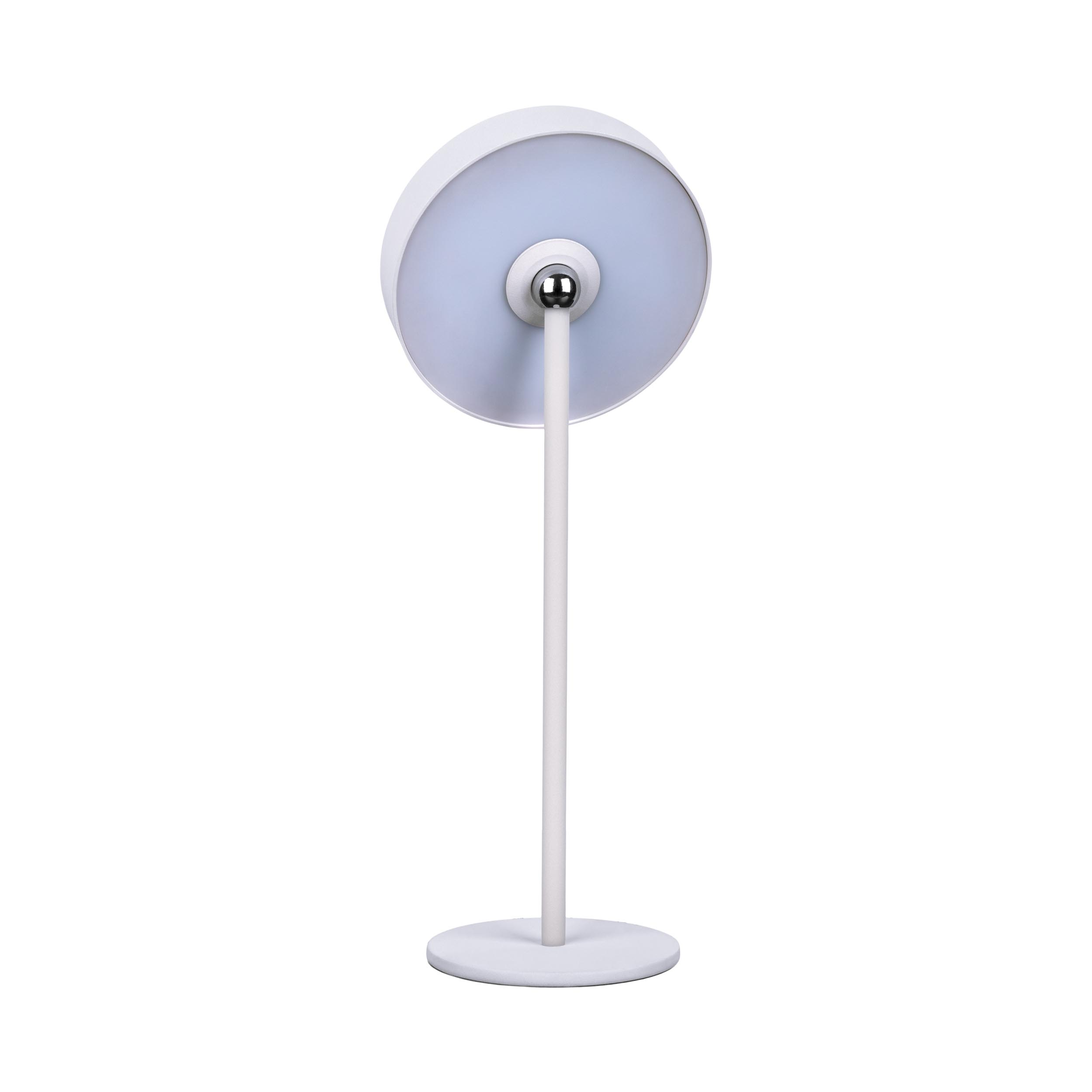 Eine weiße Tischlampe mit kreisförmigem Licht und weißem Ständer.