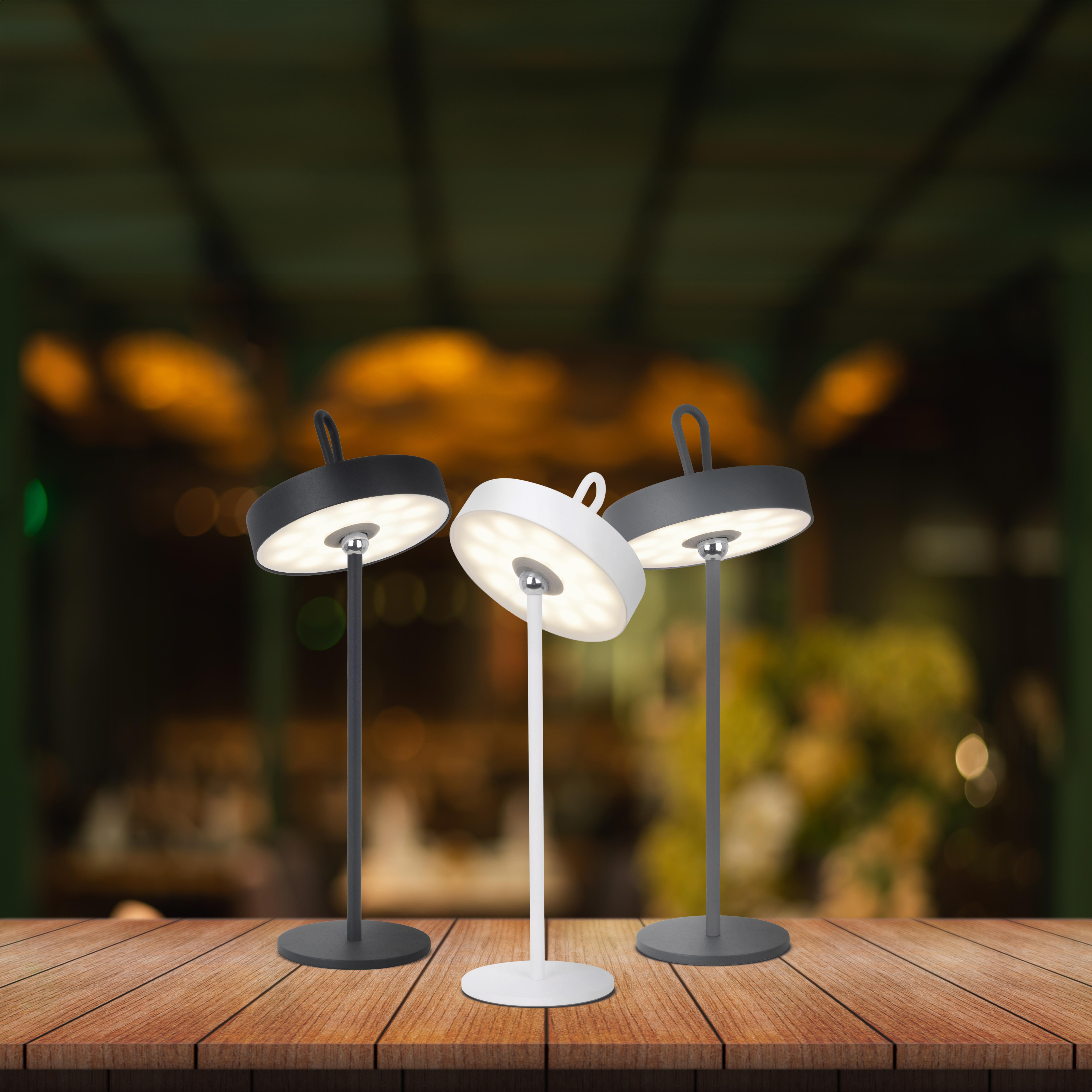 Drei schwarze, weiße und graue Lampen auf einem Holztisch, mit verschwommenem Hintergrund.