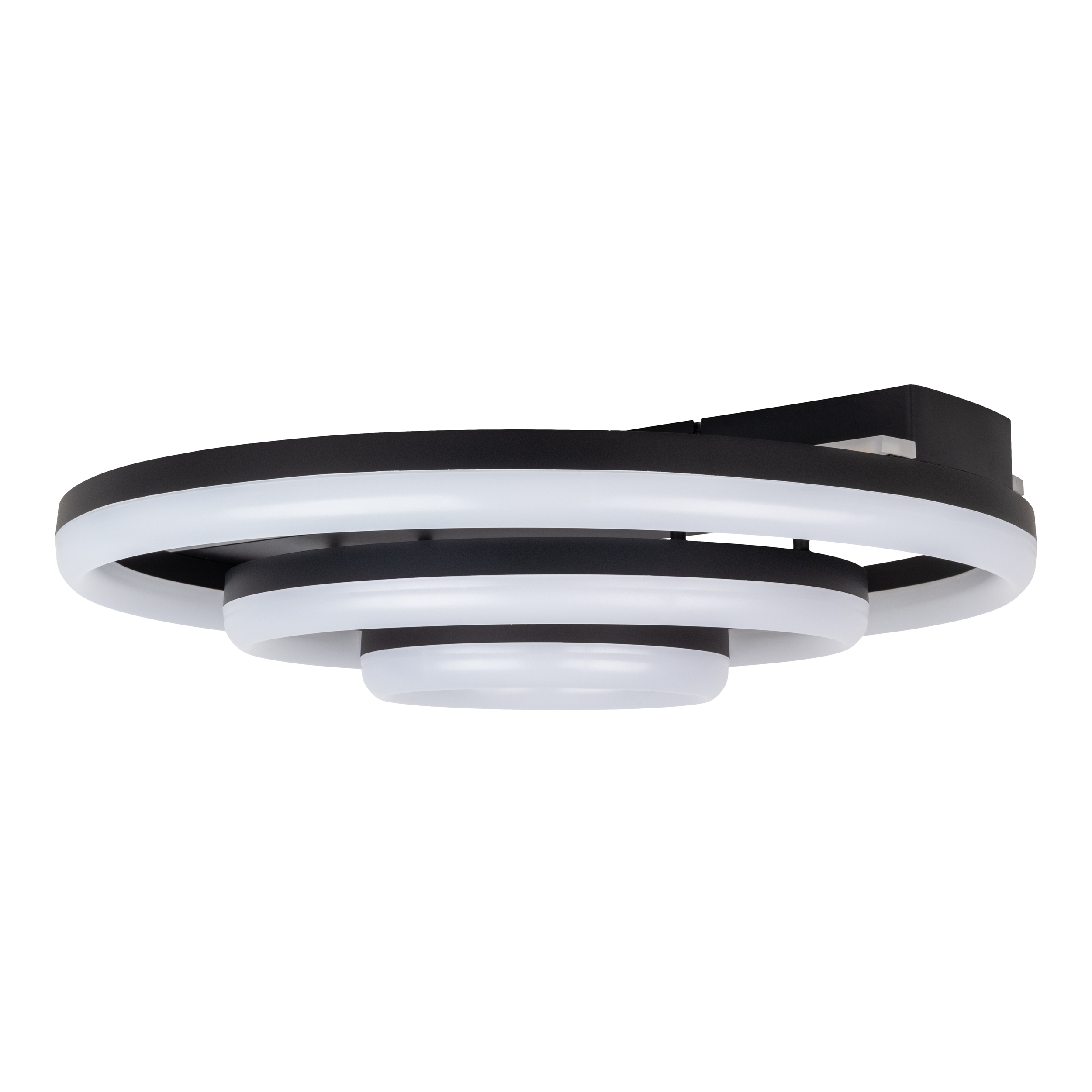 Moderne Deckenleuchte mit drei weißen Ringen.