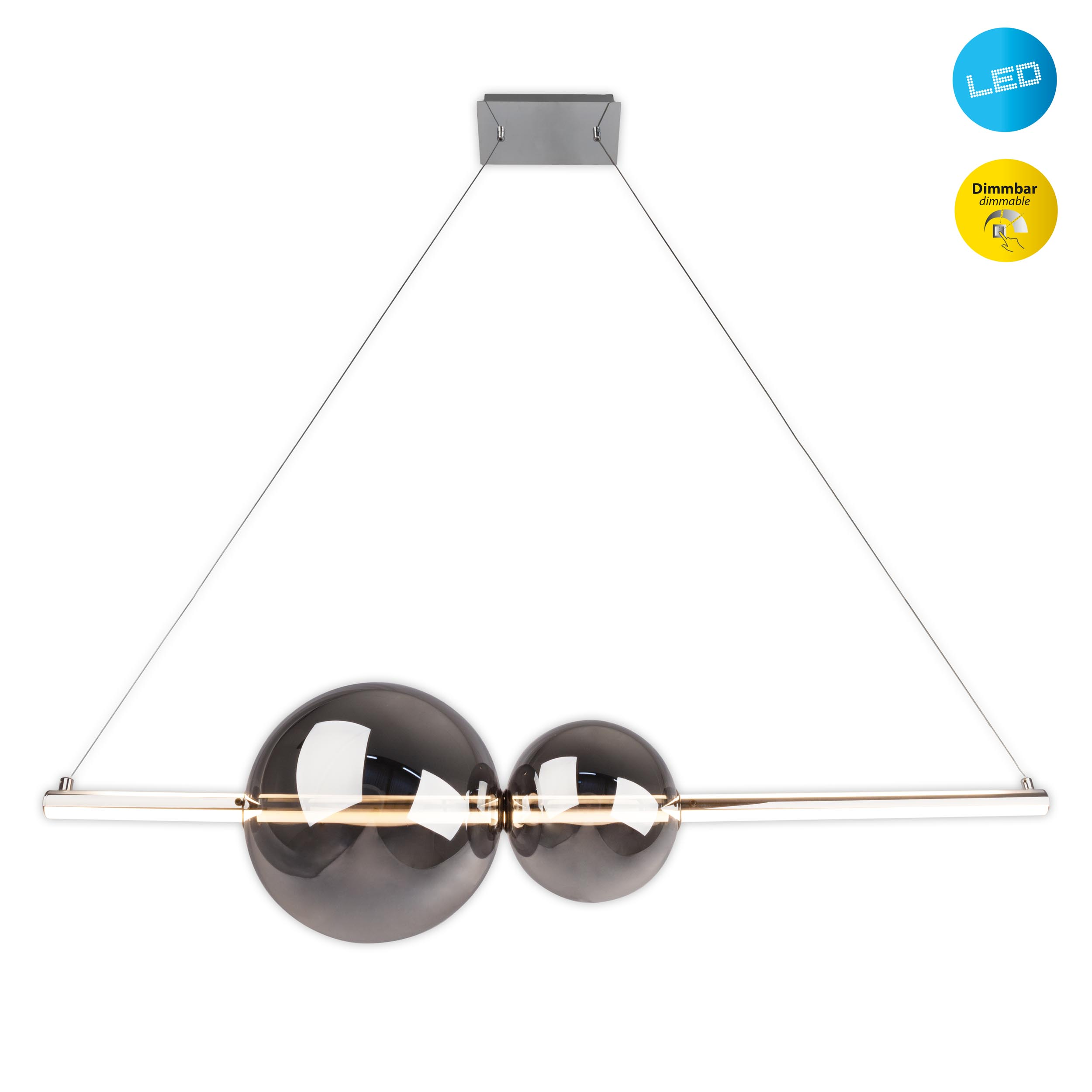 Luminaire de plafond moderne avec deux ampoules sphériques et une fine barre métallique.
