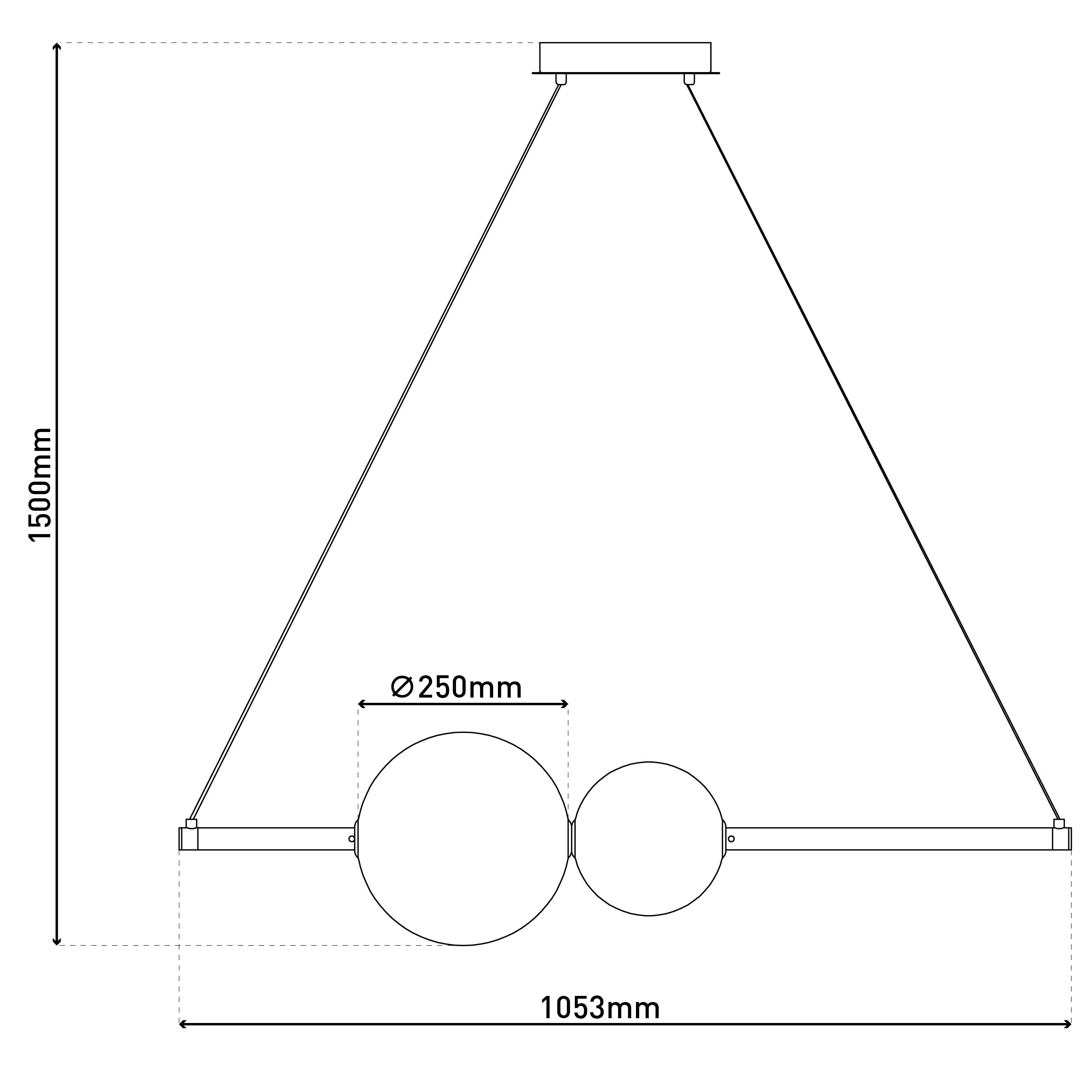Diagramm einer Hängeleuchte mit Abmessungen.
