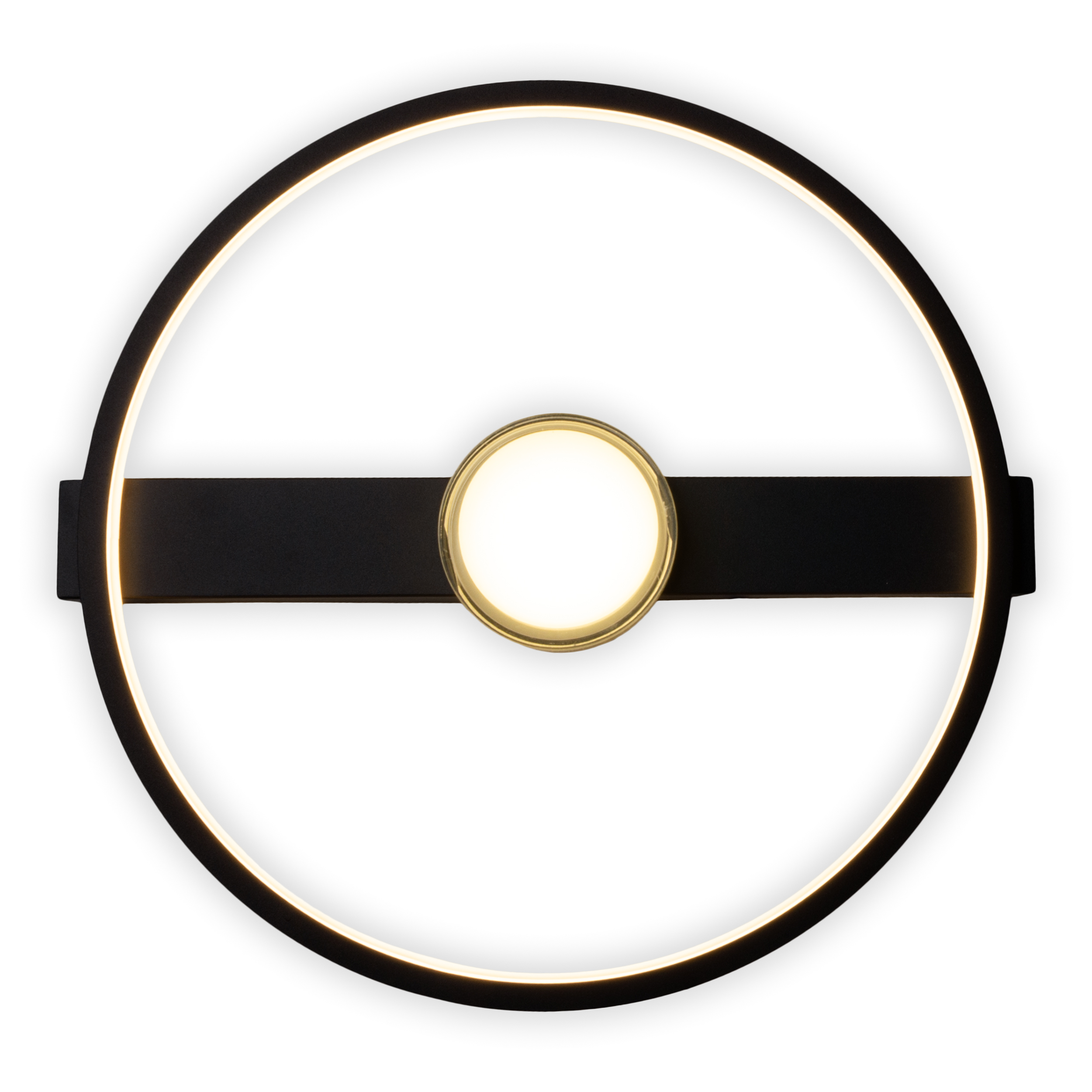 Kreisförmige moderne Wandleuchte mit schwarz-weißem Design. Sie hat einen goldenen Kreis.
