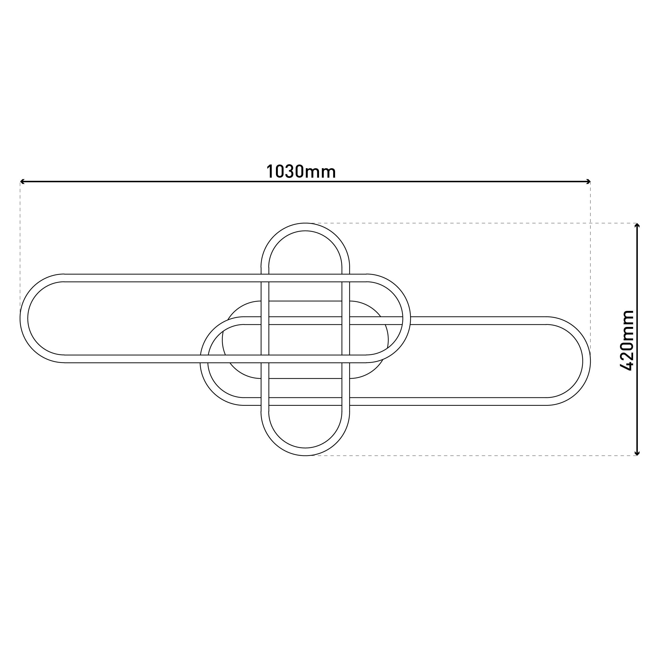 Strichzeichnung einer dekorativen Metallstruktur. Die Abmessungen betragen 1030 mm x 420 mm. Weißer Hintergrund.