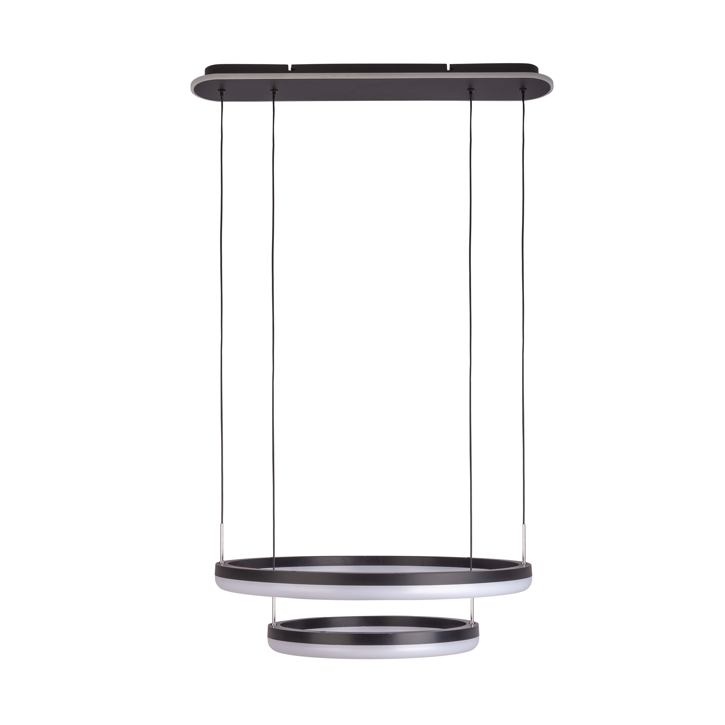 Eine moderne Pendelleuchte mit zwei schwarzen Ringen mit weißem Licht im Inneren. Aufgehängt von der Decke mit dünnen schwarzen Drähten.