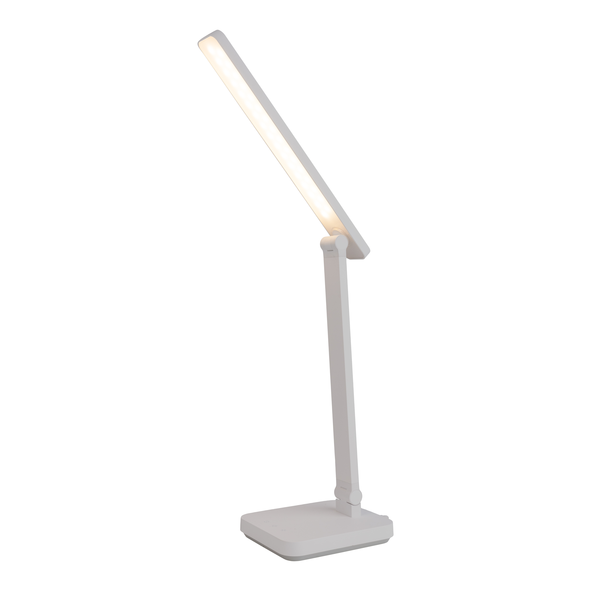 Weiße Schreibtischlampe mit rechteckigem Leuchtmittel, isoliert auf Weiß.