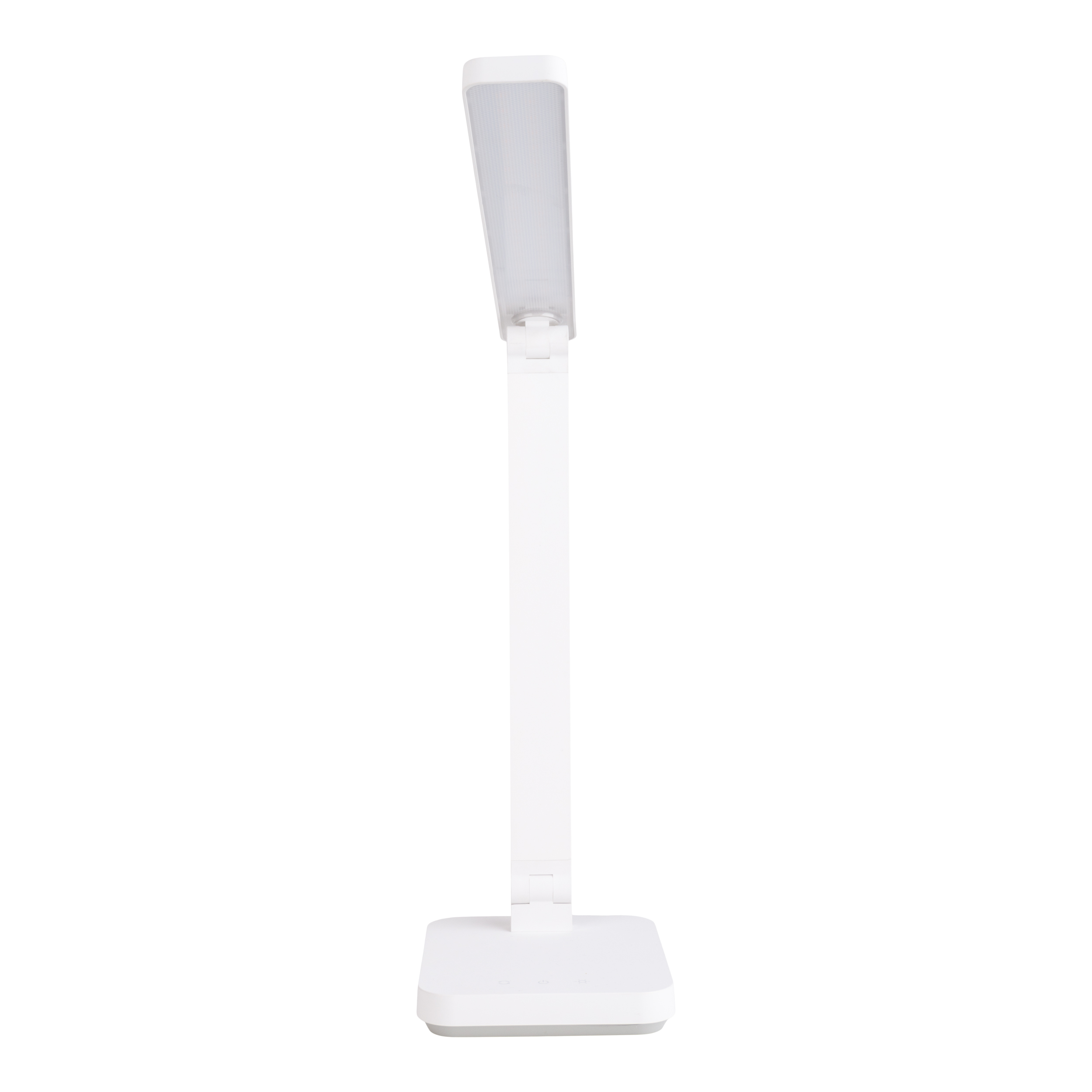 Weiße Schreibtischlampe mit langem, verstellbarem Arm und rechteckiger Lichtquelle.