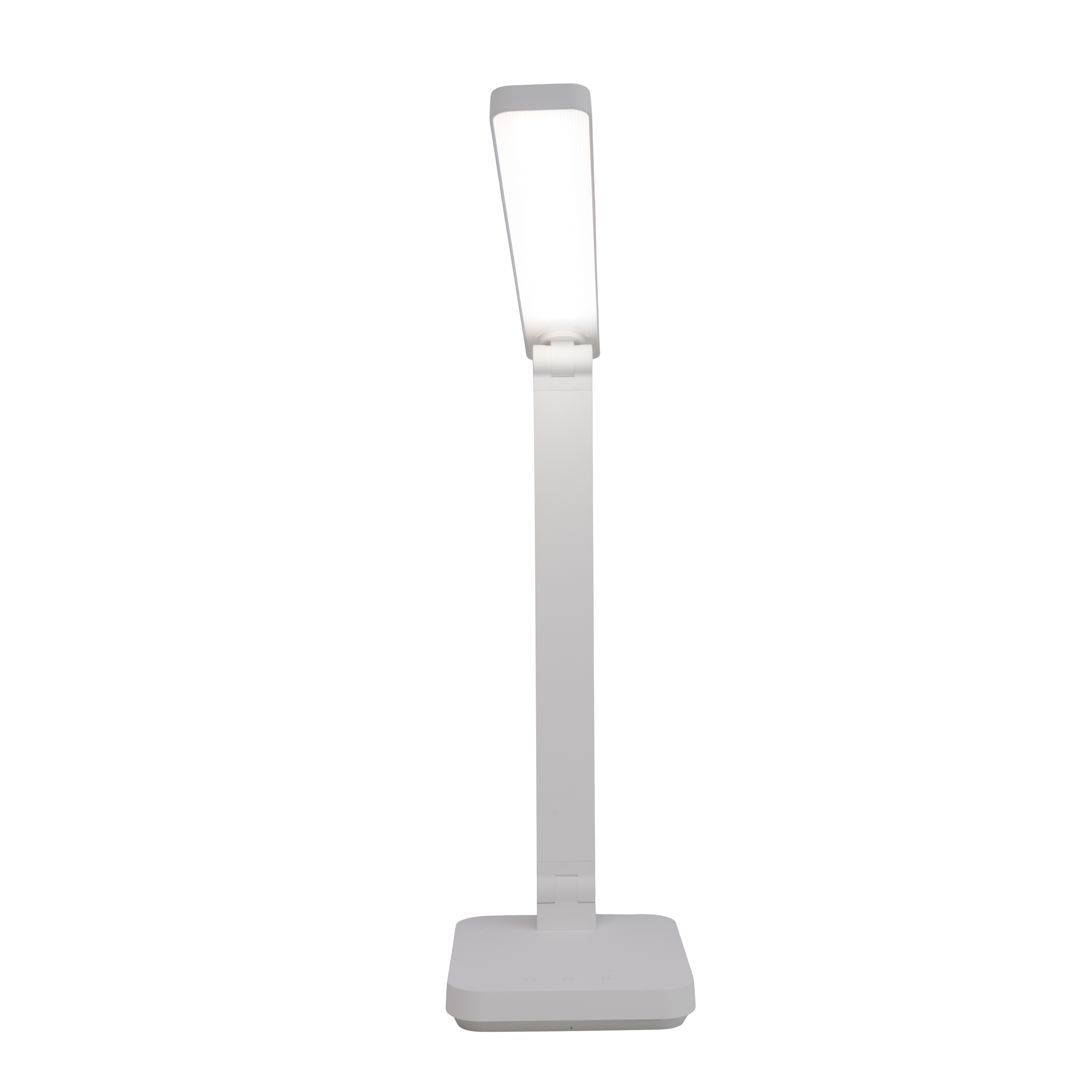 Eine weiße, moderne Schreibtischlampe, aufrecht stehend, mit rechteckiger Lichtquelle.