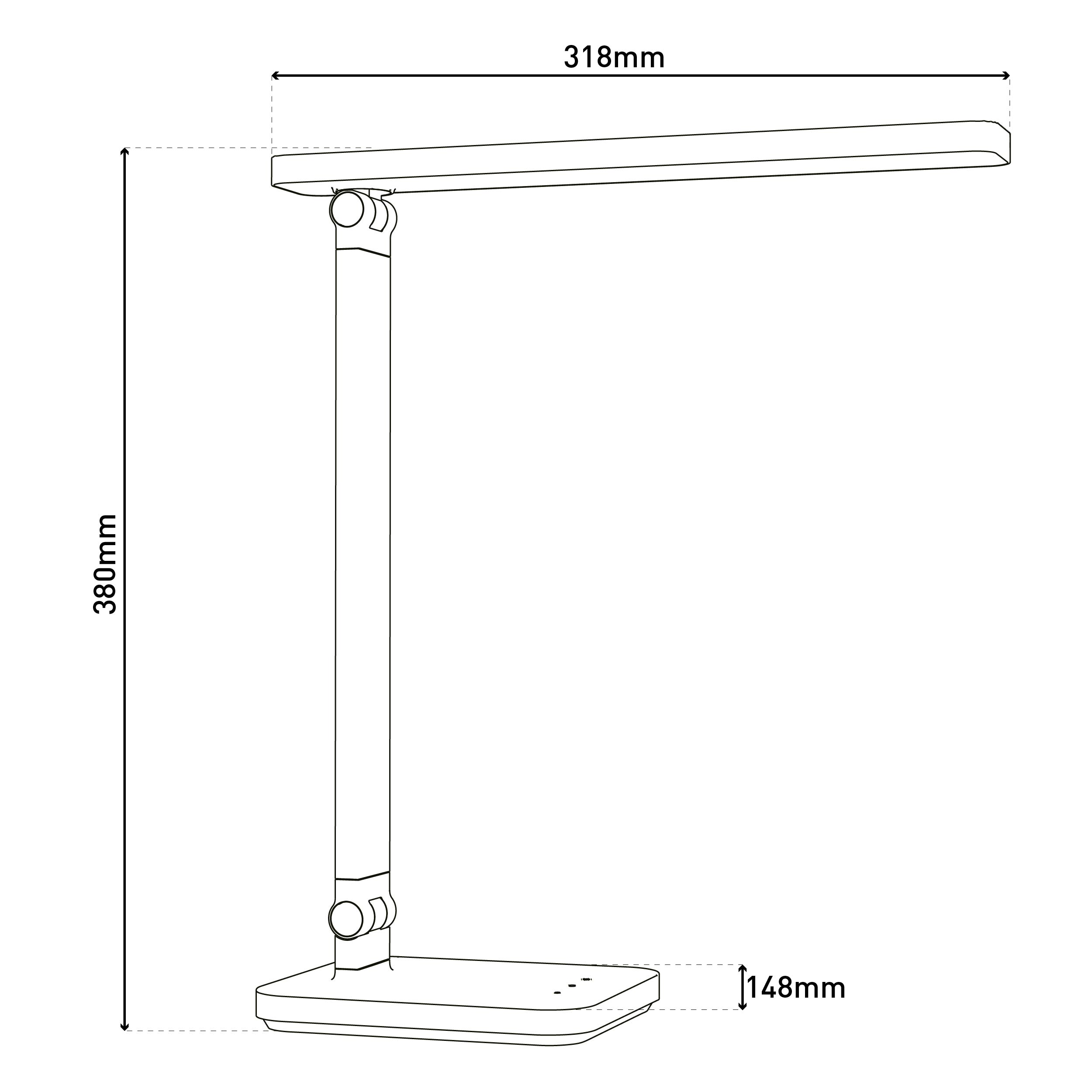 Strichzeichnung einer Schreibtischlampe. Abmessungen: 380 mm hoch, 318 mm breit, 148 mm Sockel.