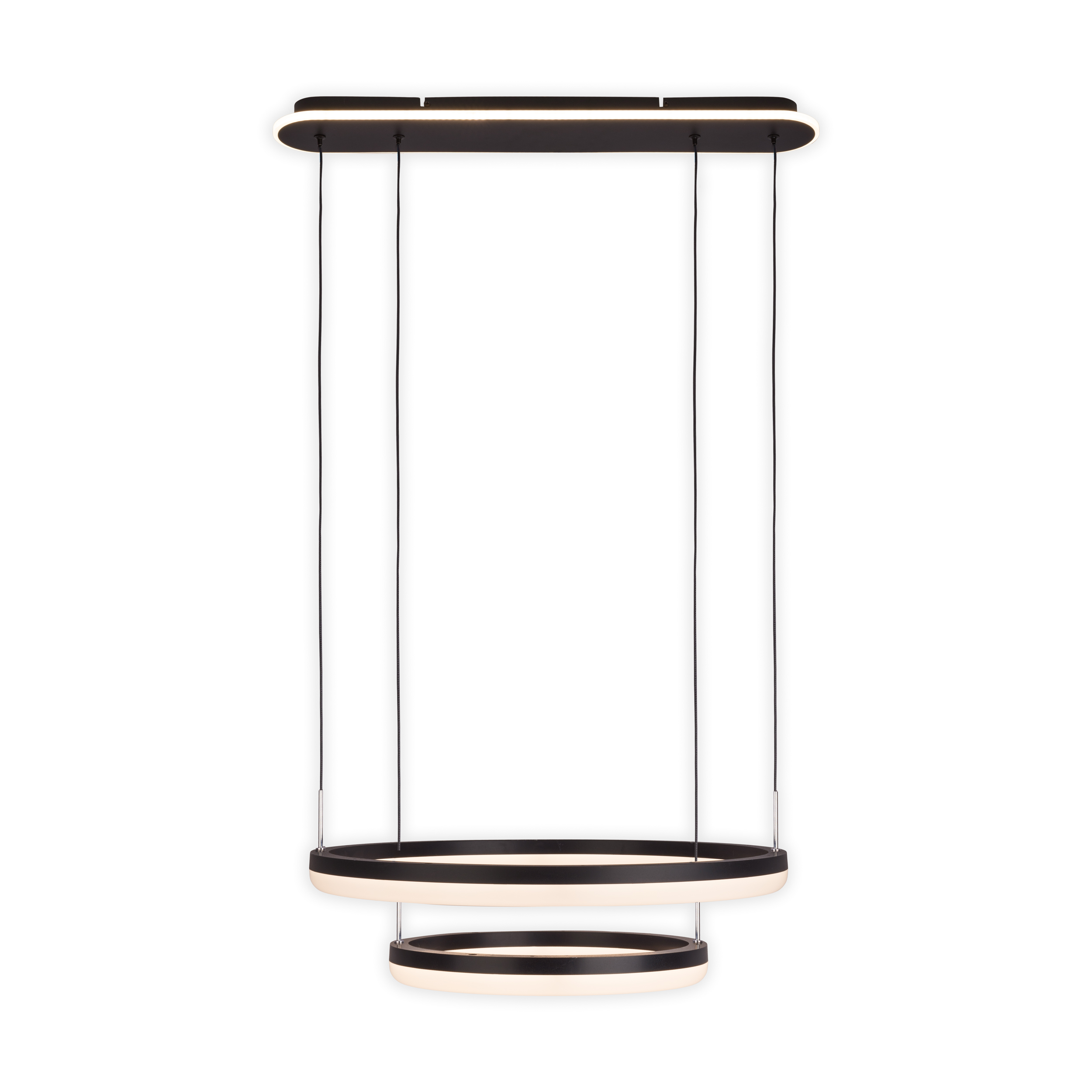 Moderne schwarz-weiße Pendelleuchte mit drei beleuchteten Ringen.