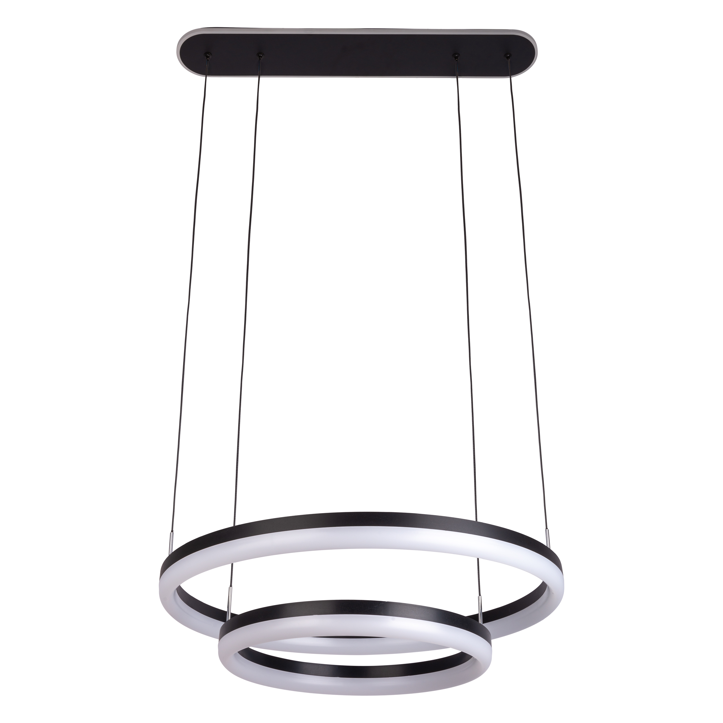 Zweifach LED-Pendelleuchte, die von der Decke hängt, mit schwarzen und weißen Ringen.