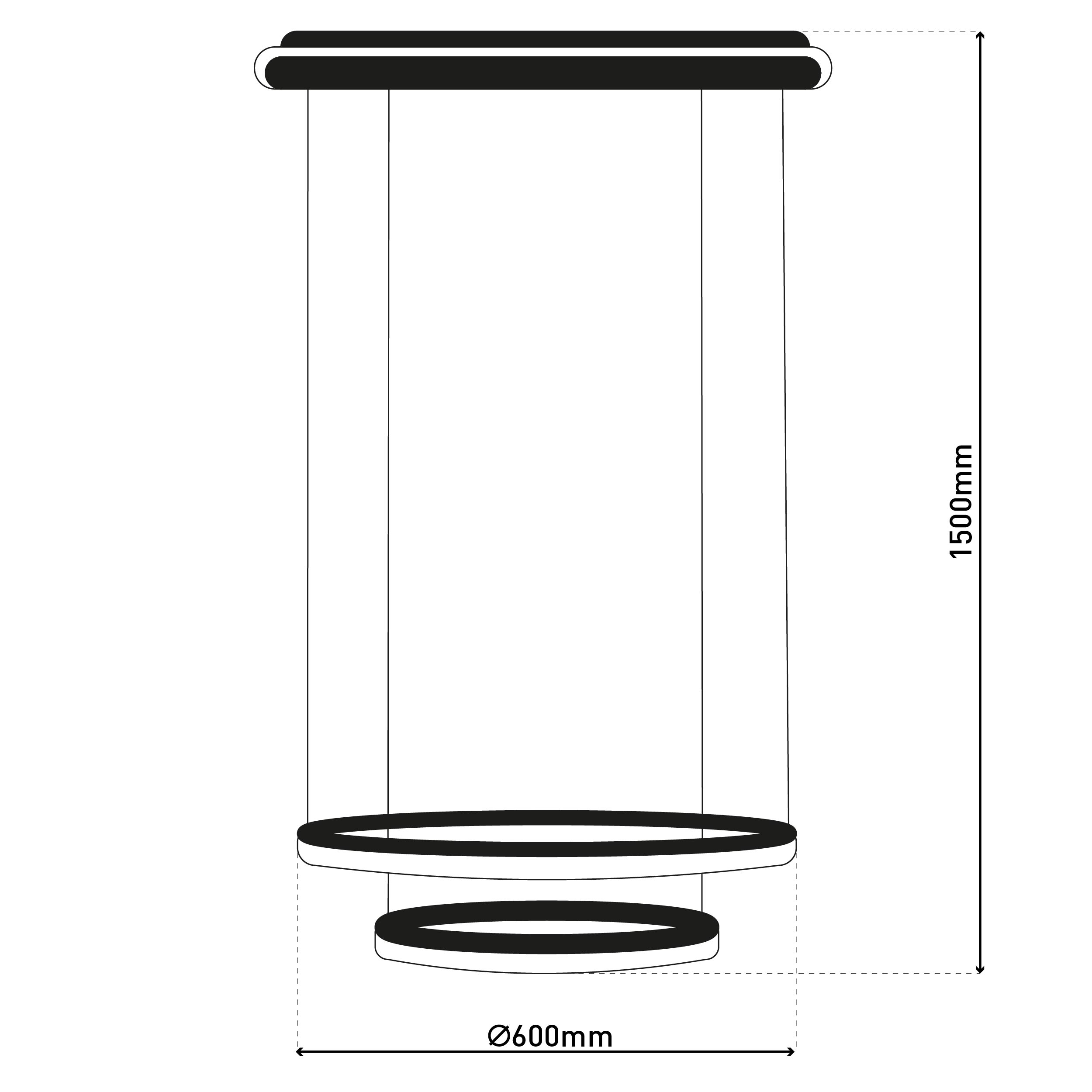 Eine moderne Hängeleuchte mit drei kreisförmigen Lichtquellen und Abmessungen.