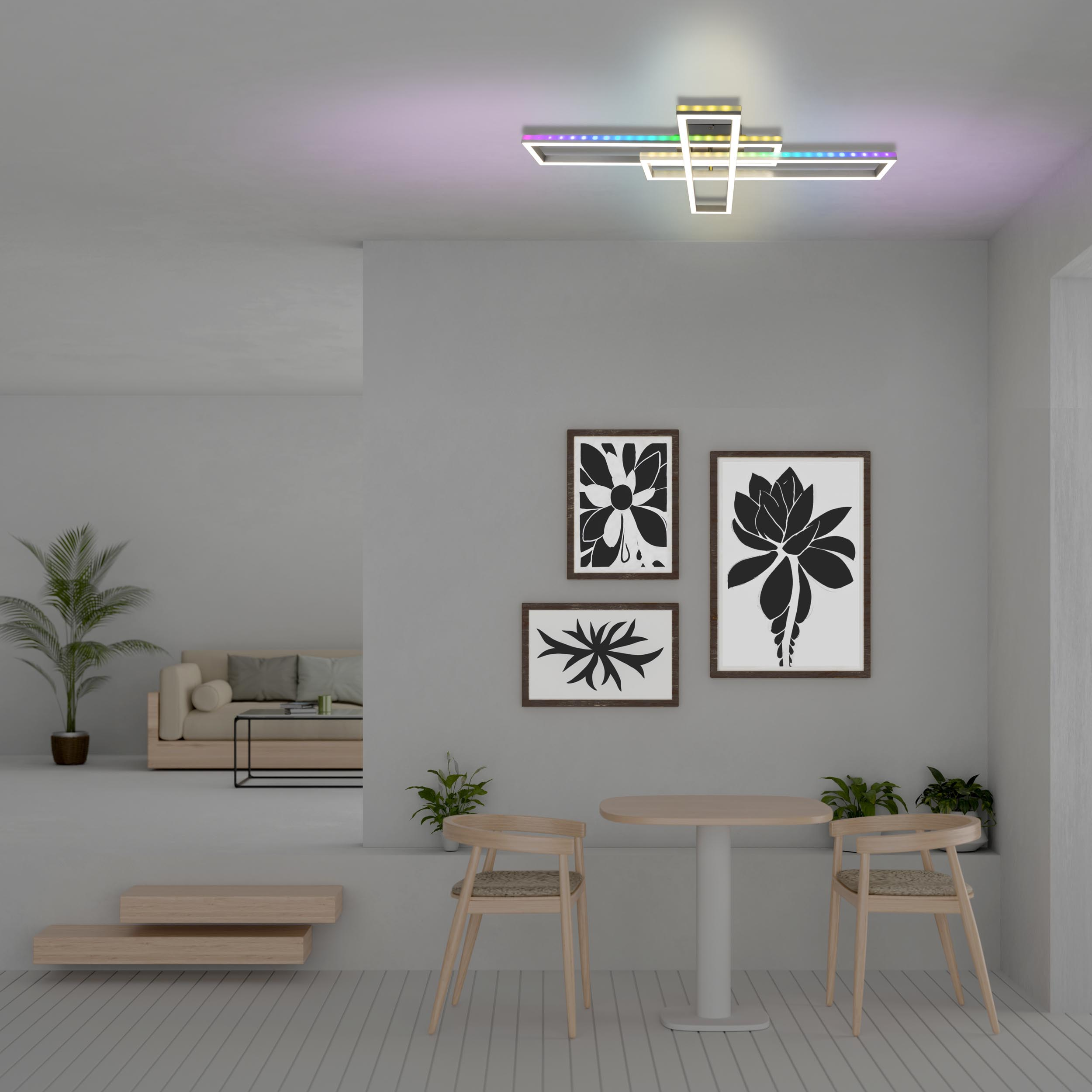 Modernes Wohnzimmer mit Kunst und Lampe. Tisch und Stühle im Vordergrund.