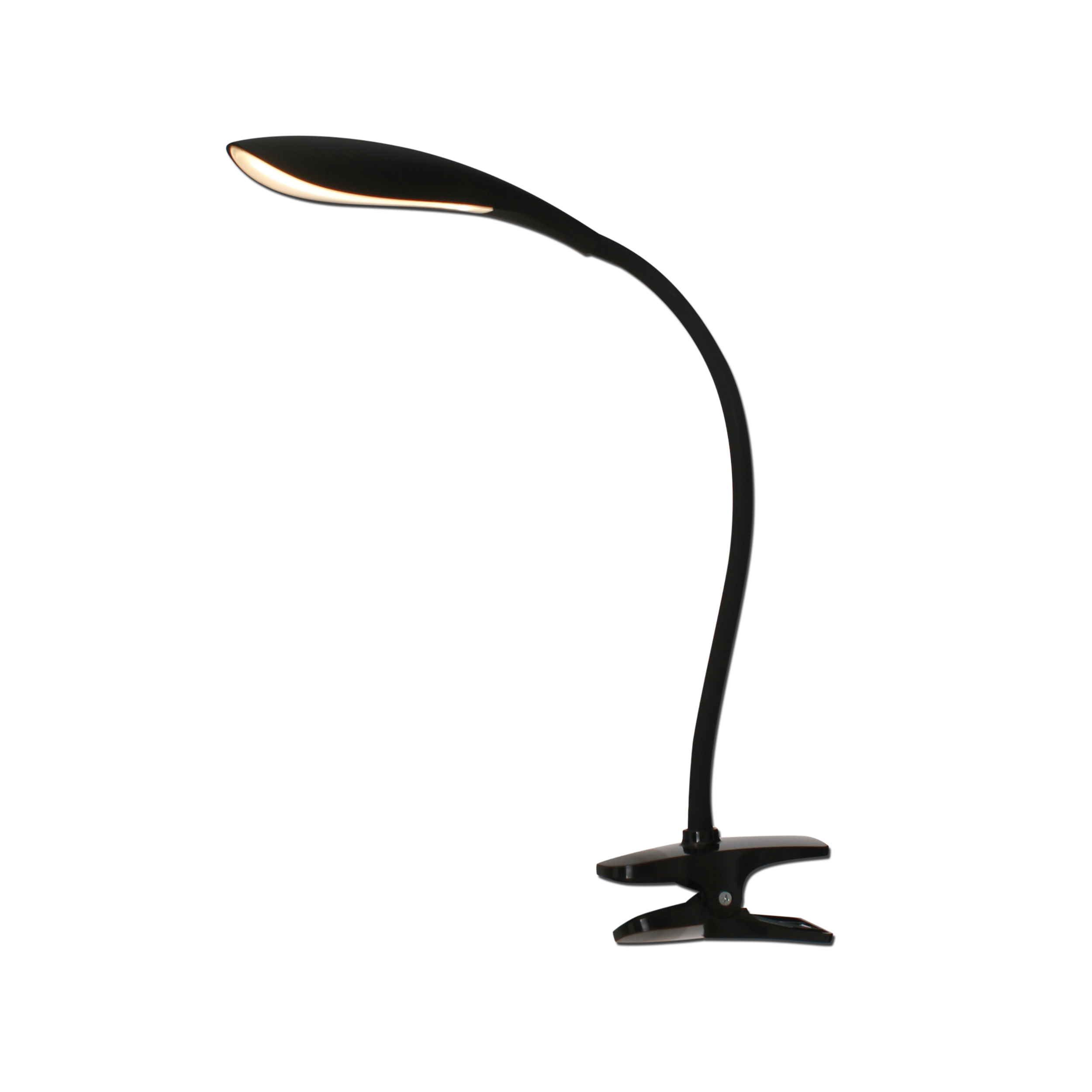 Schwarze Schreibtischlampe mit gebogenem Arm und Clipfuß, isoliert auf Weiß.