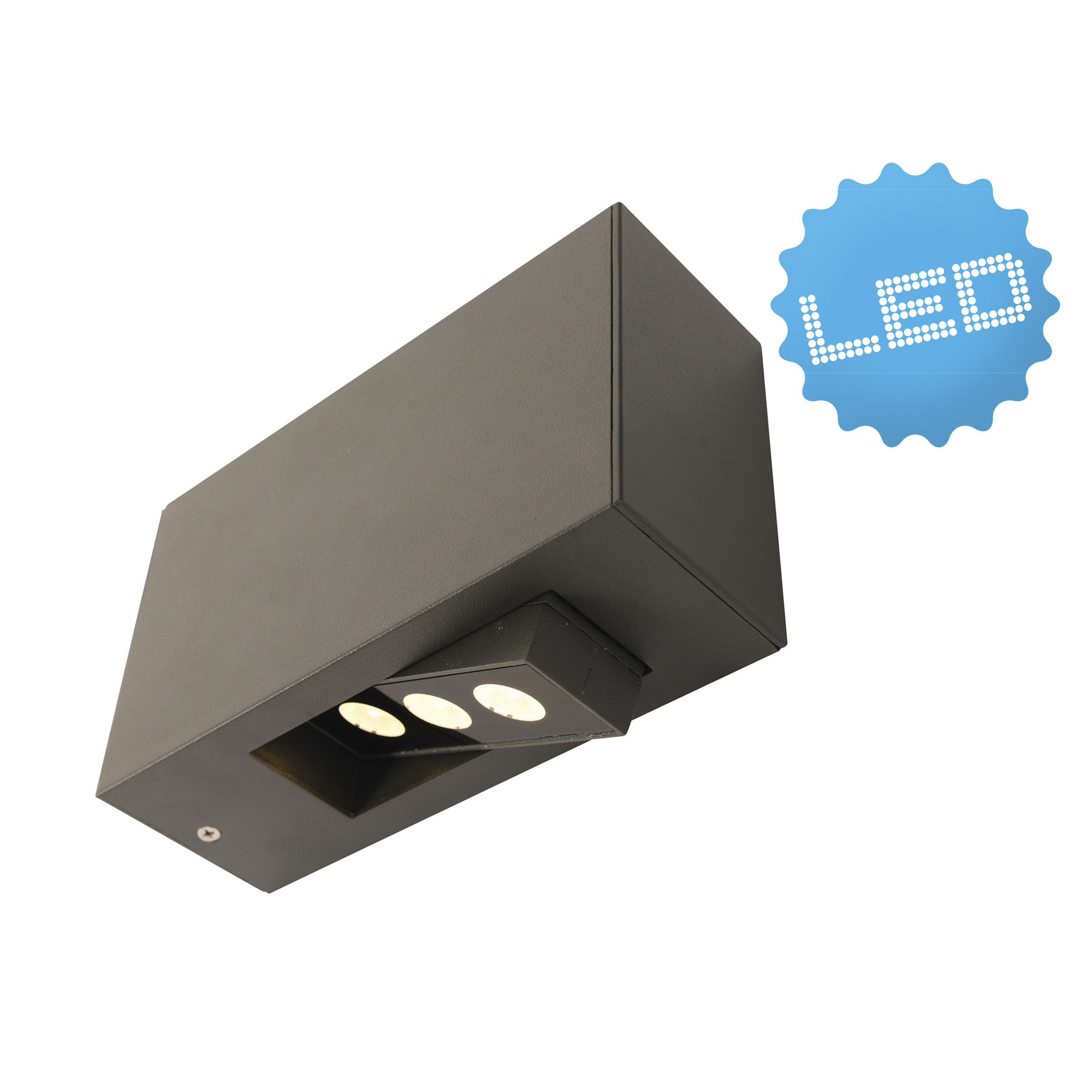 Eine schwarze, rechteckige Außenleuchte mit drei Lichtern. Ein blauer LED-Aufkleber ist vorhanden.