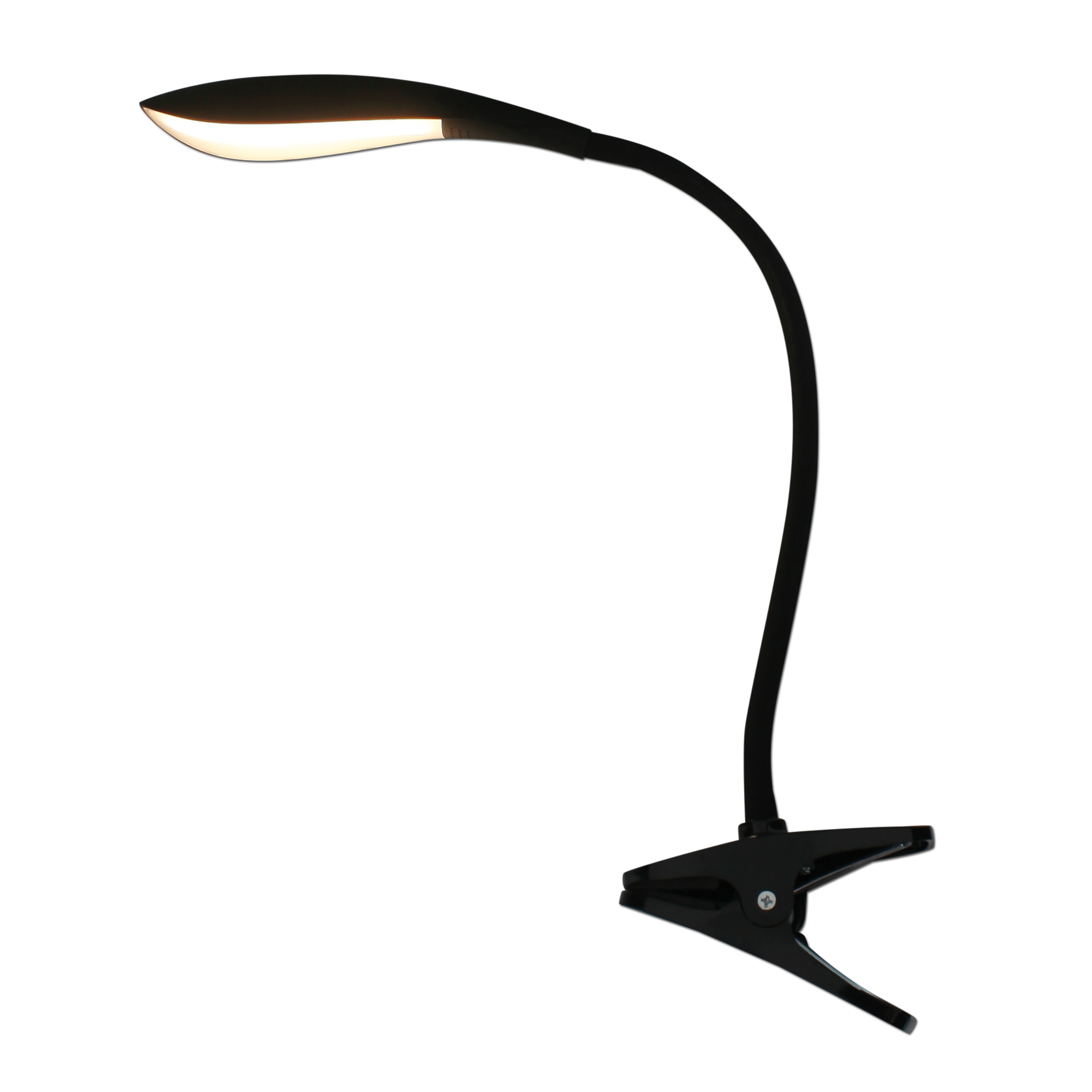Schwarze Schreibtischlampe mit gebogenem Hals und Clipfuß. Auf weißem Hintergrund.