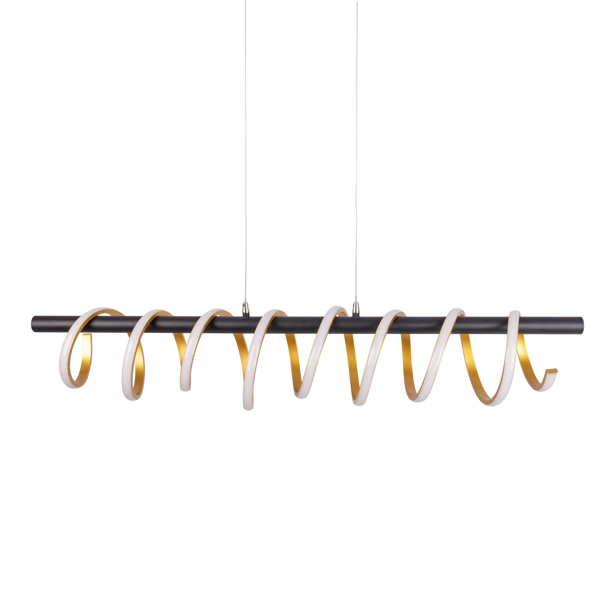 Un luminaire suspendu a une base noire avec un design en spirale blanc et doré.