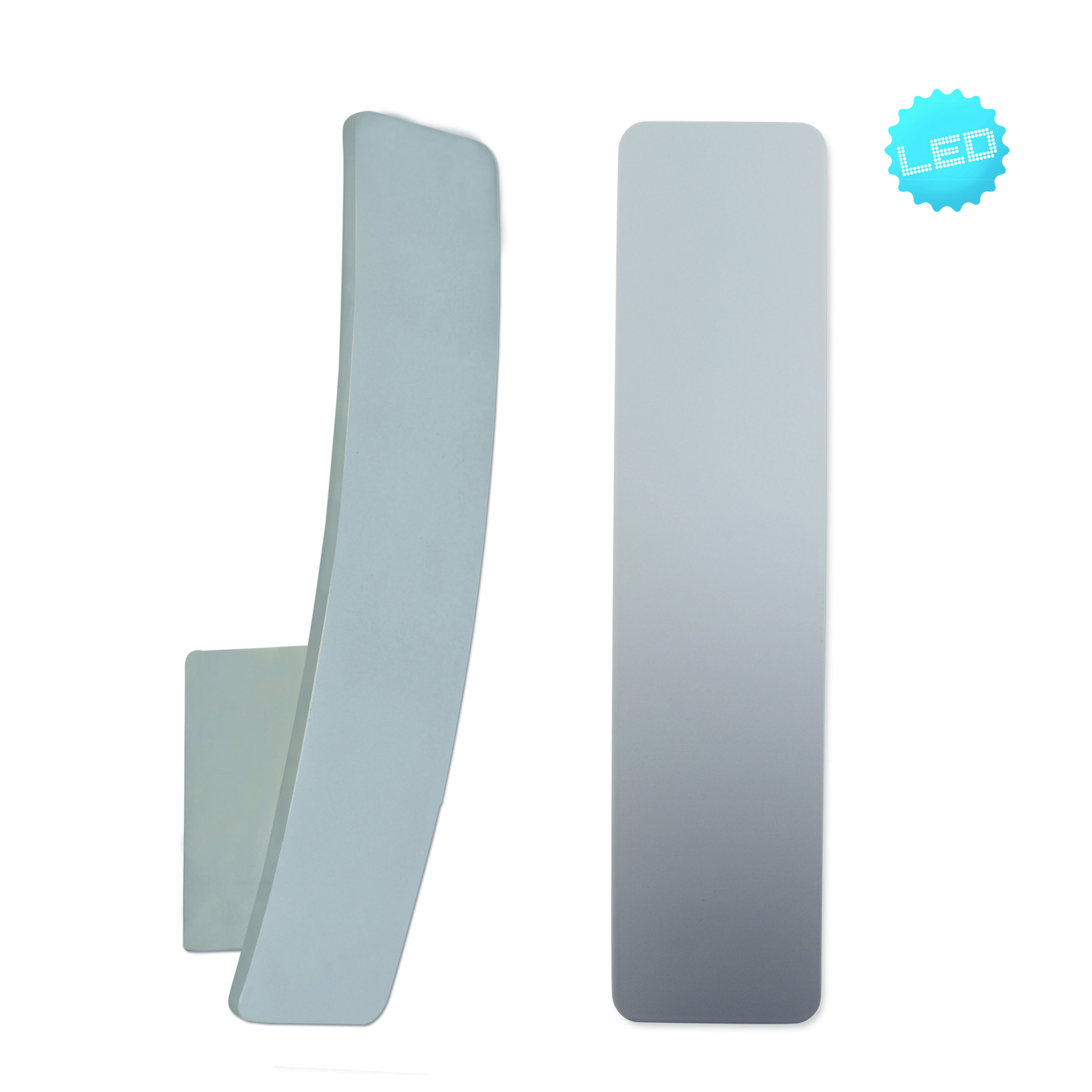 Zwei silberne LED-Leuchten auf weißem Hintergrund, eine gerade und eine gebogene.