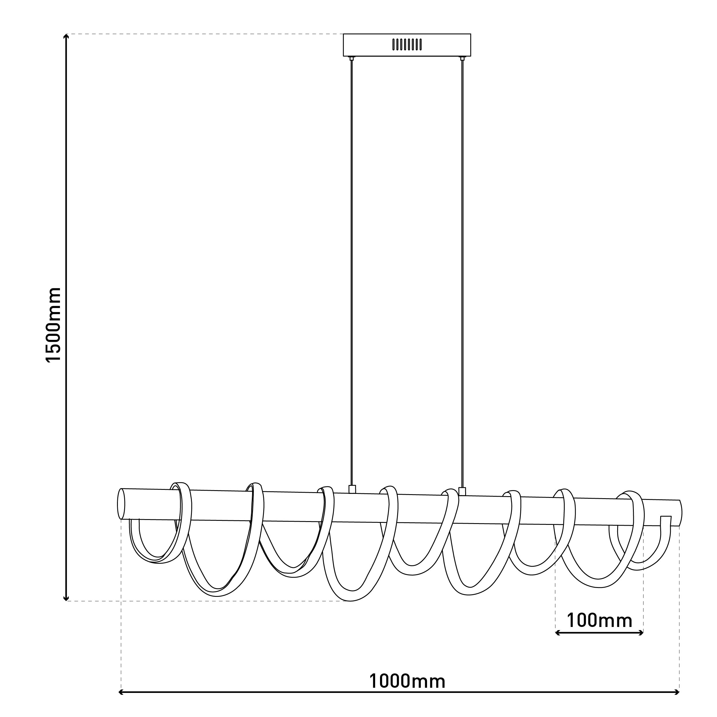 Eine Strichzeichnung eines modernen Kronleuchters. Die Abmessungen sind 1500 mm hoch und 1000 mm breit.