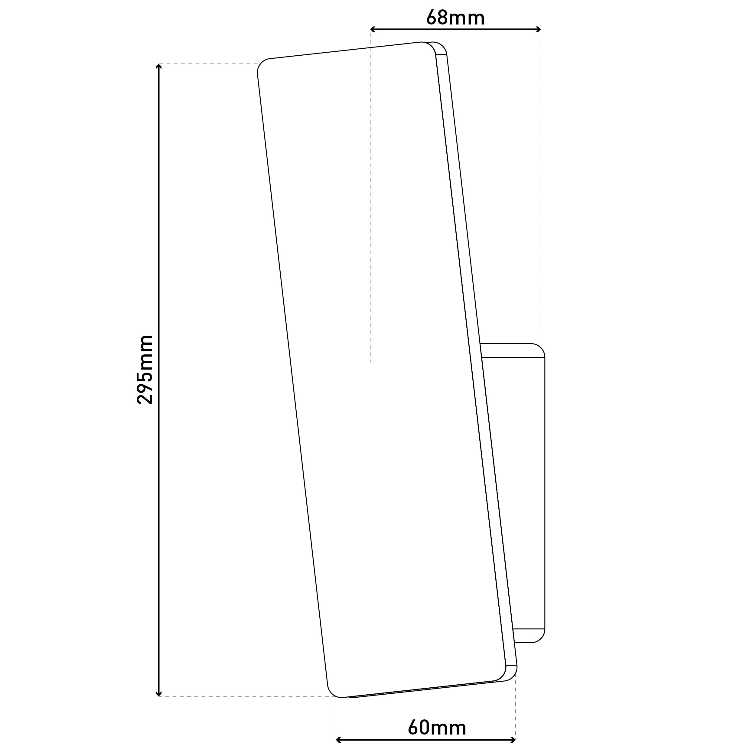 Technische Zeichnung eines Geräts mit den Abmessungen: 68 mm Breite, 295 mm Länge und 60 mm Tiefe.
