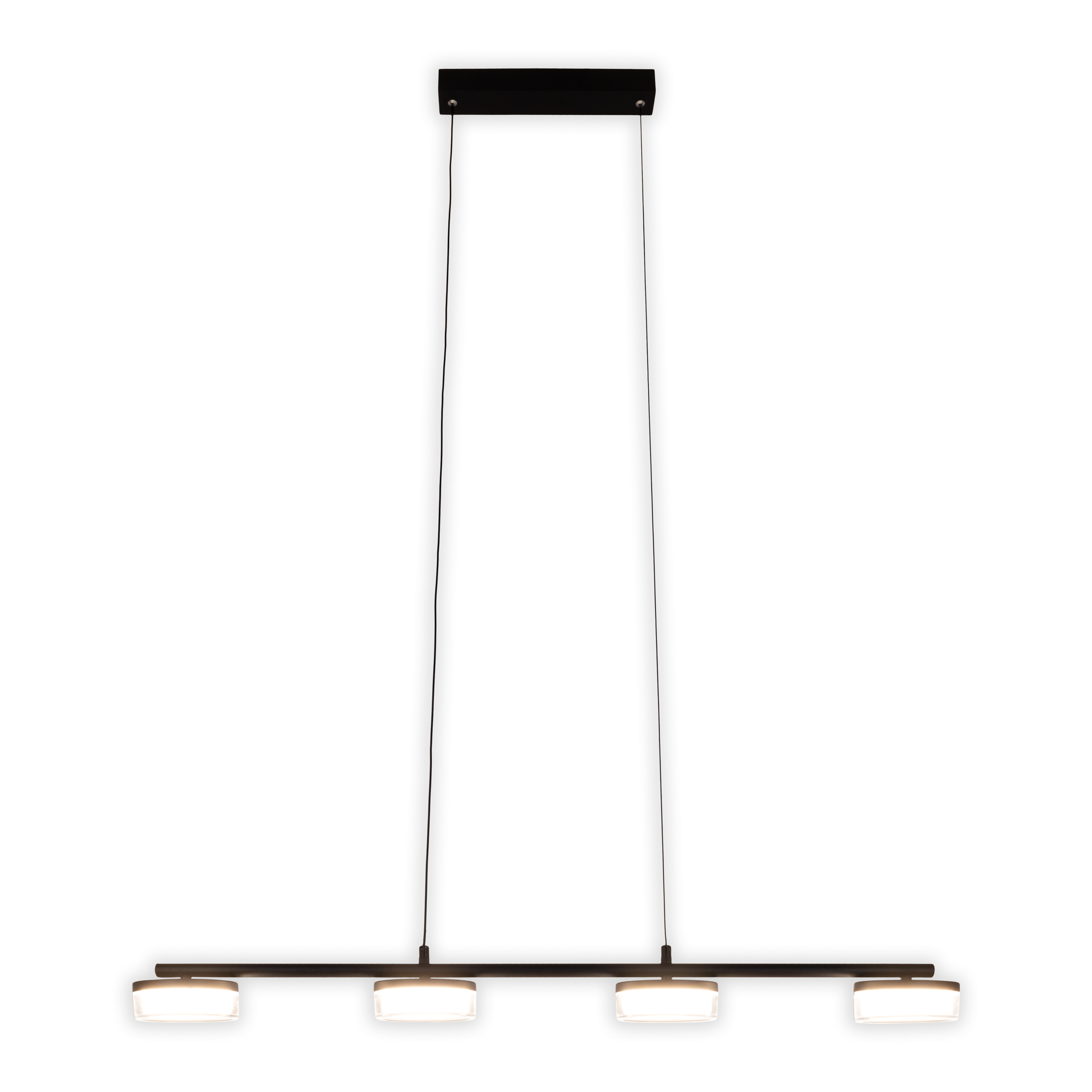 Vierflammige Pendelleuchte, schwarze Basis und Hängekabel.