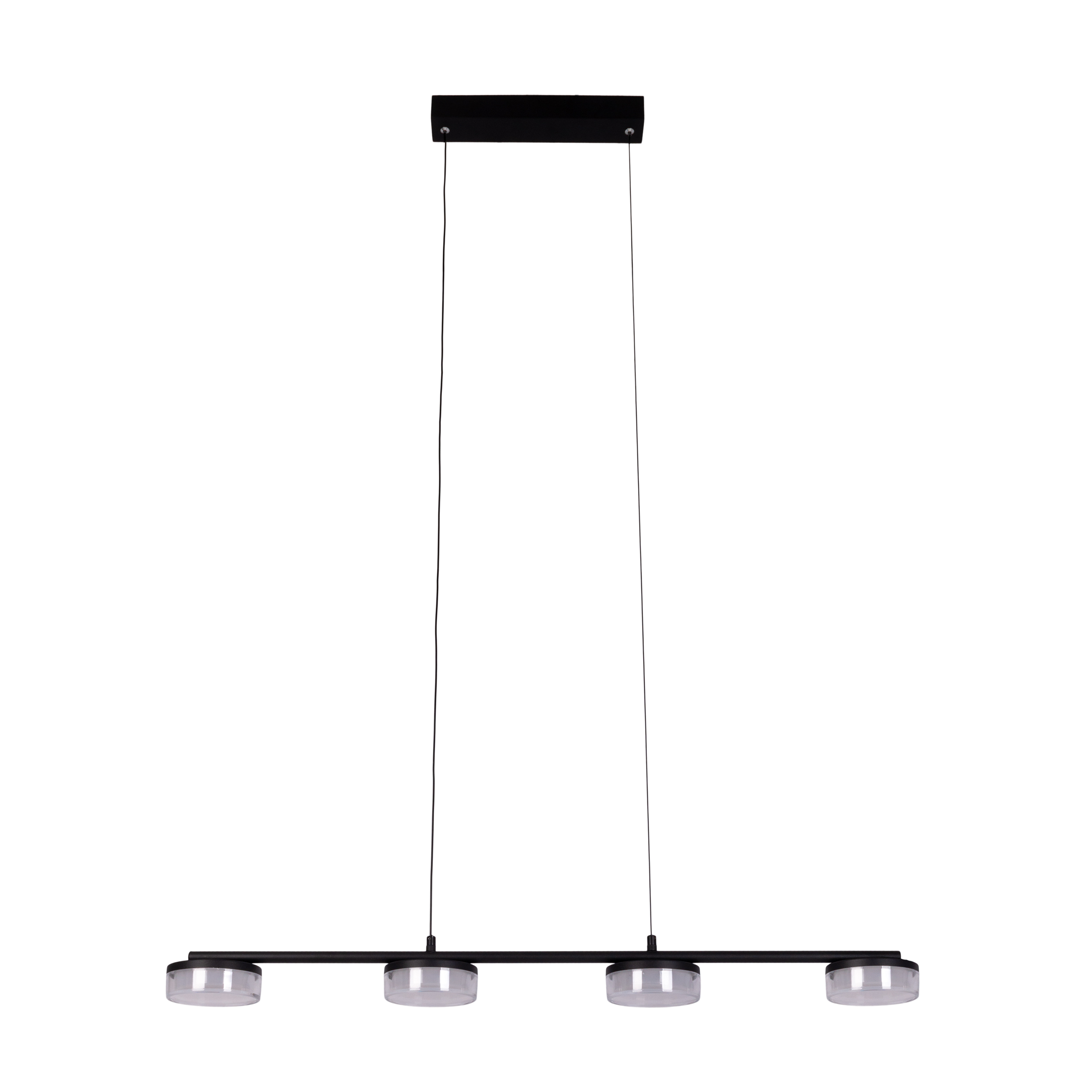 Eine schwarze lineare Hängelampe mit vier zylindrischen Leuchten, die von der Decke hängen.