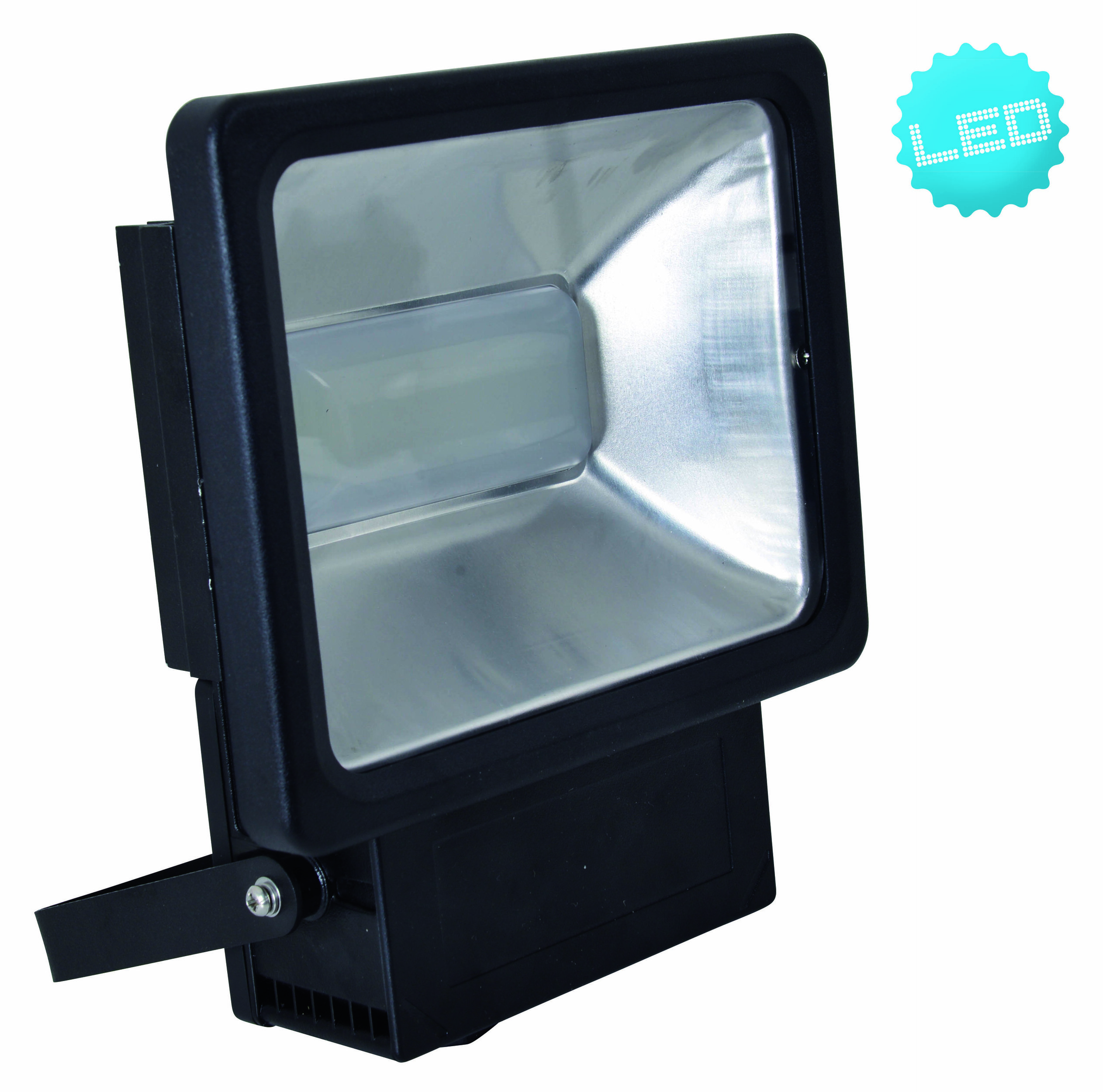 Schwarzer LED-Flutlichtstrahler mit silbernem Reflektor, isoliert auf weißer Oberfläche.