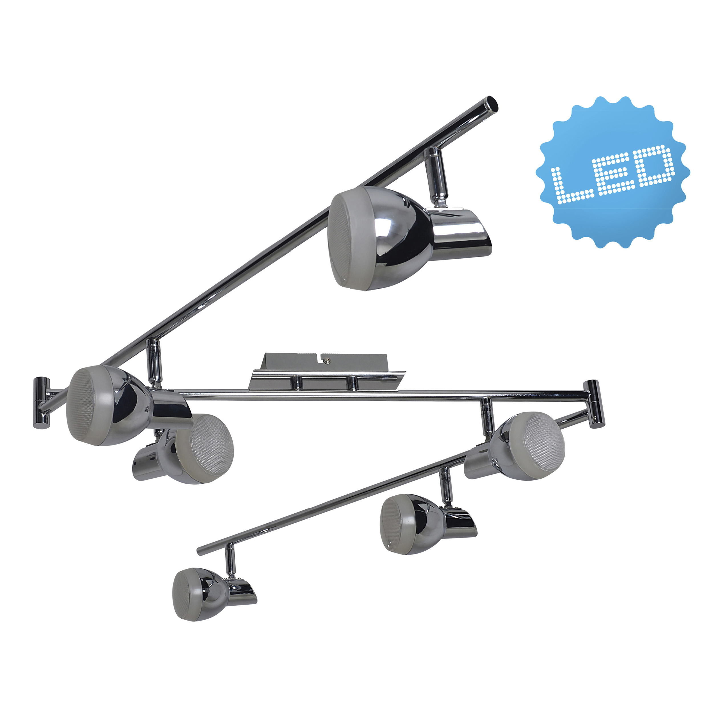 Chrom-Schienenbeleuchtung mit LED-Lampen, weißer Hintergrund. Enthält ein LED-Logo.