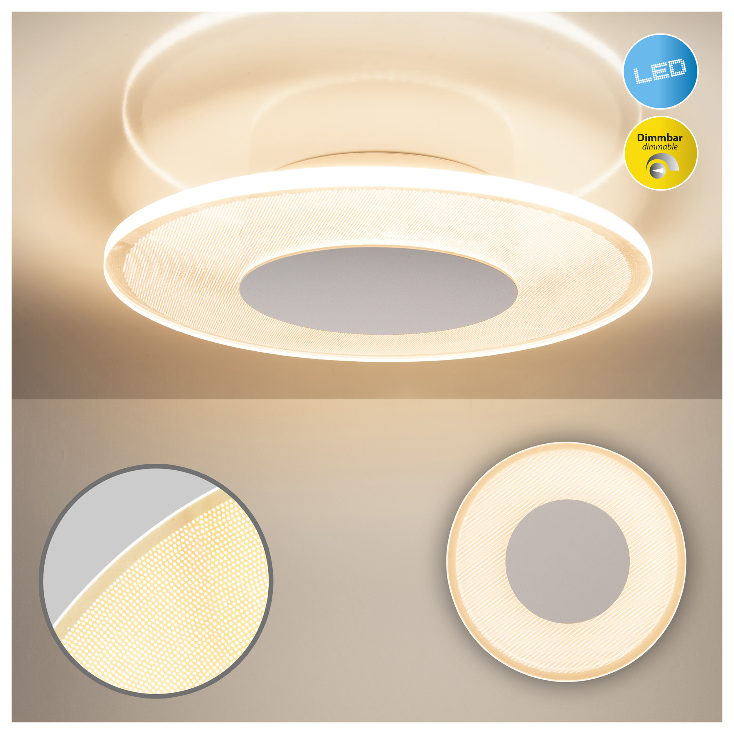 Kreisförmige Deckenleuchte mit weißer Mitte, mit LED- und dimmbaren Symbolen.