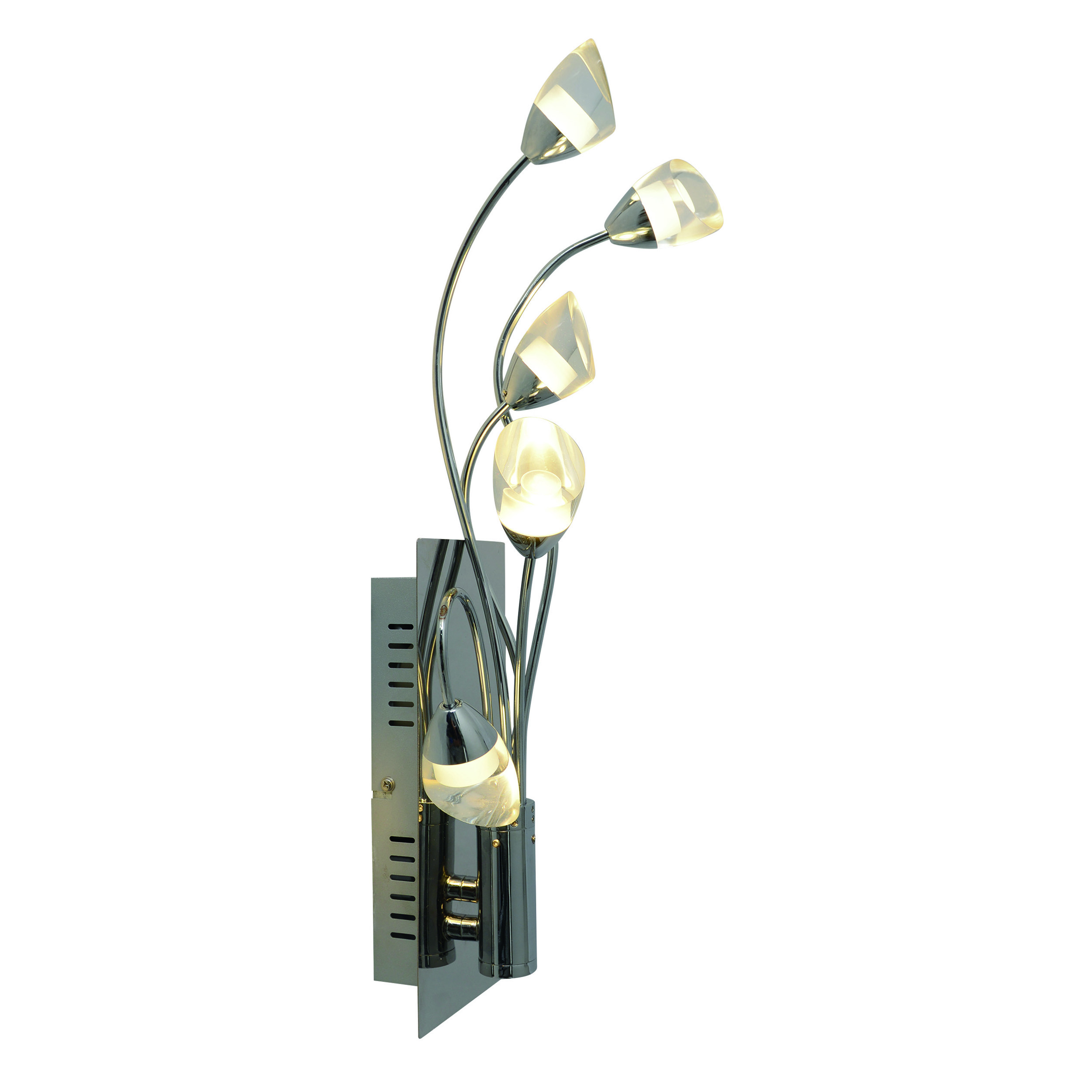 Wandleuchte mit 5 Lichtern, Chrom- und Klarglas-Design. Weißer Hintergrund, elegantes Design.