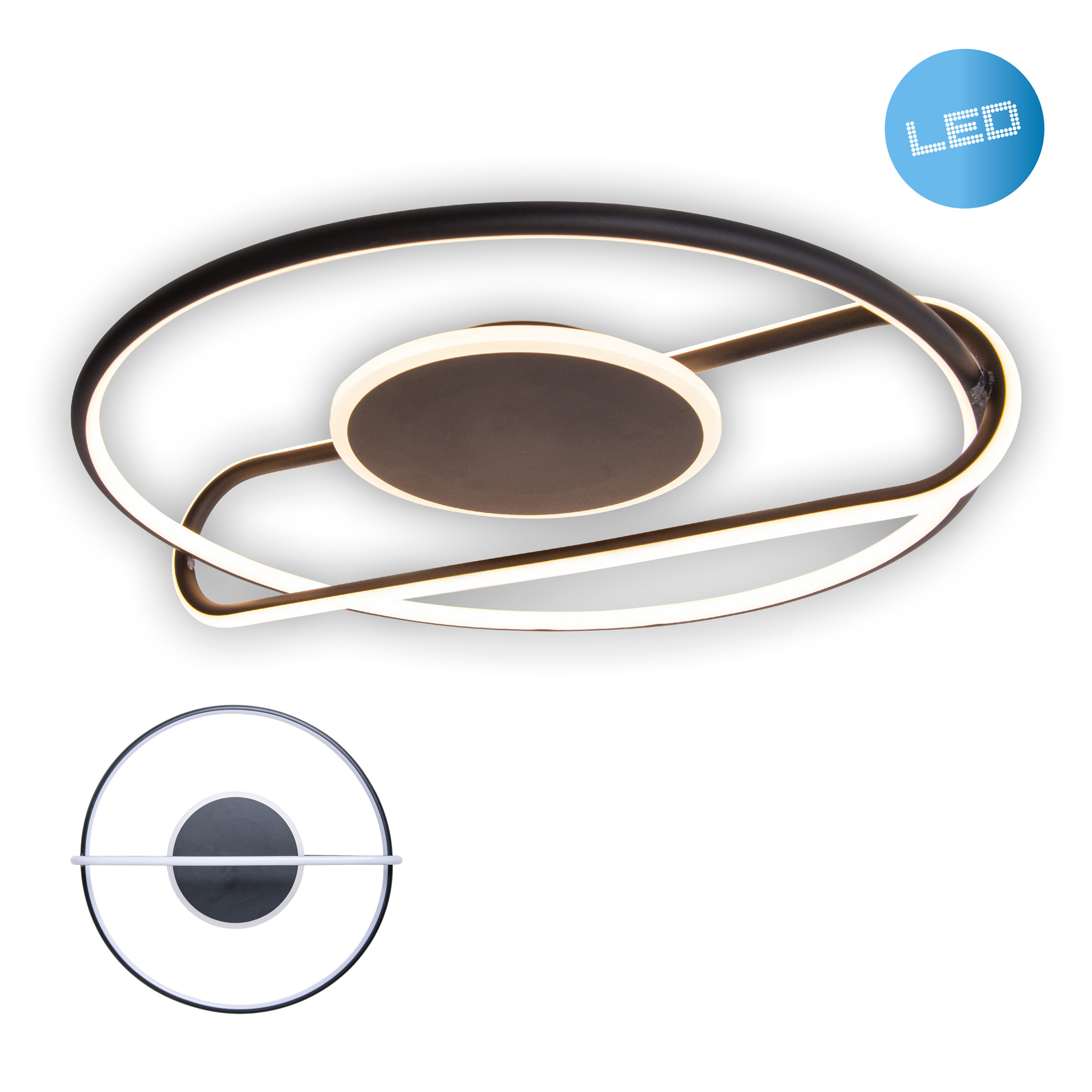 Moderne Deckenleuchte mit dunkelbraunem Außenring und weißem Innenlicht. LED-Symbol.