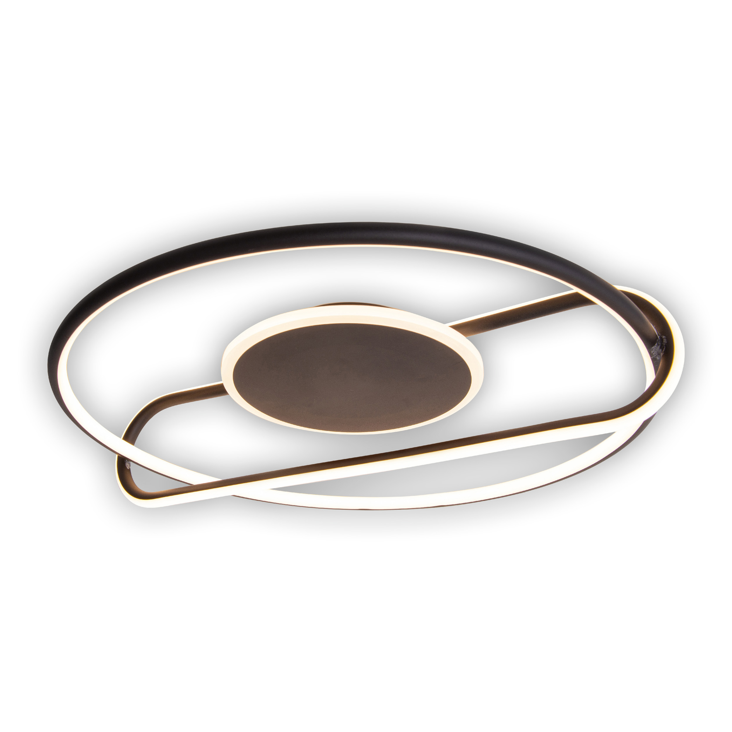 Moderne Deckenleuchte mit zentralem Licht und zwei abgerundeten Ringen.