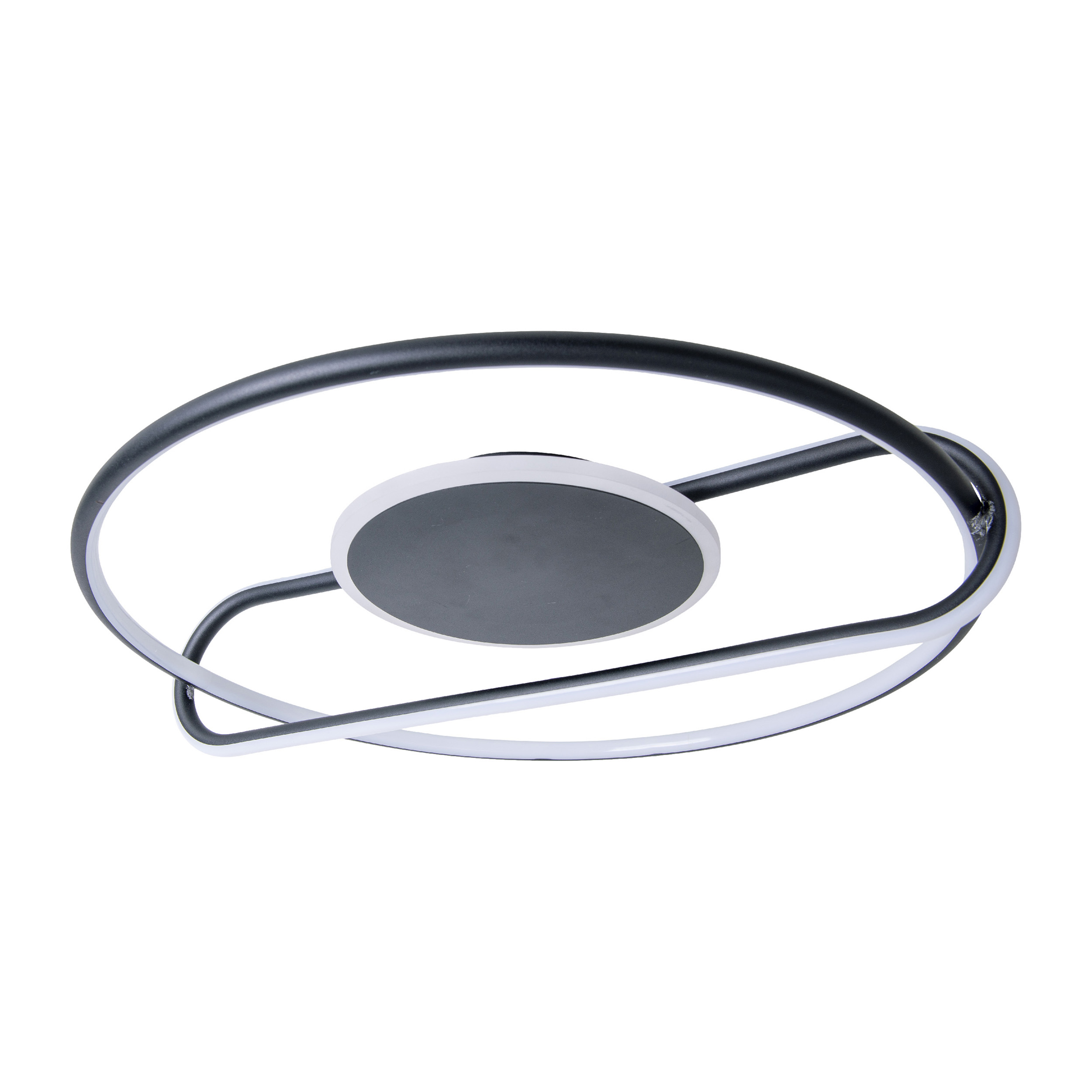 Eine moderne kreisförmige Deckenlampe, schwarz-weiß mit einem zentralen Paneel.