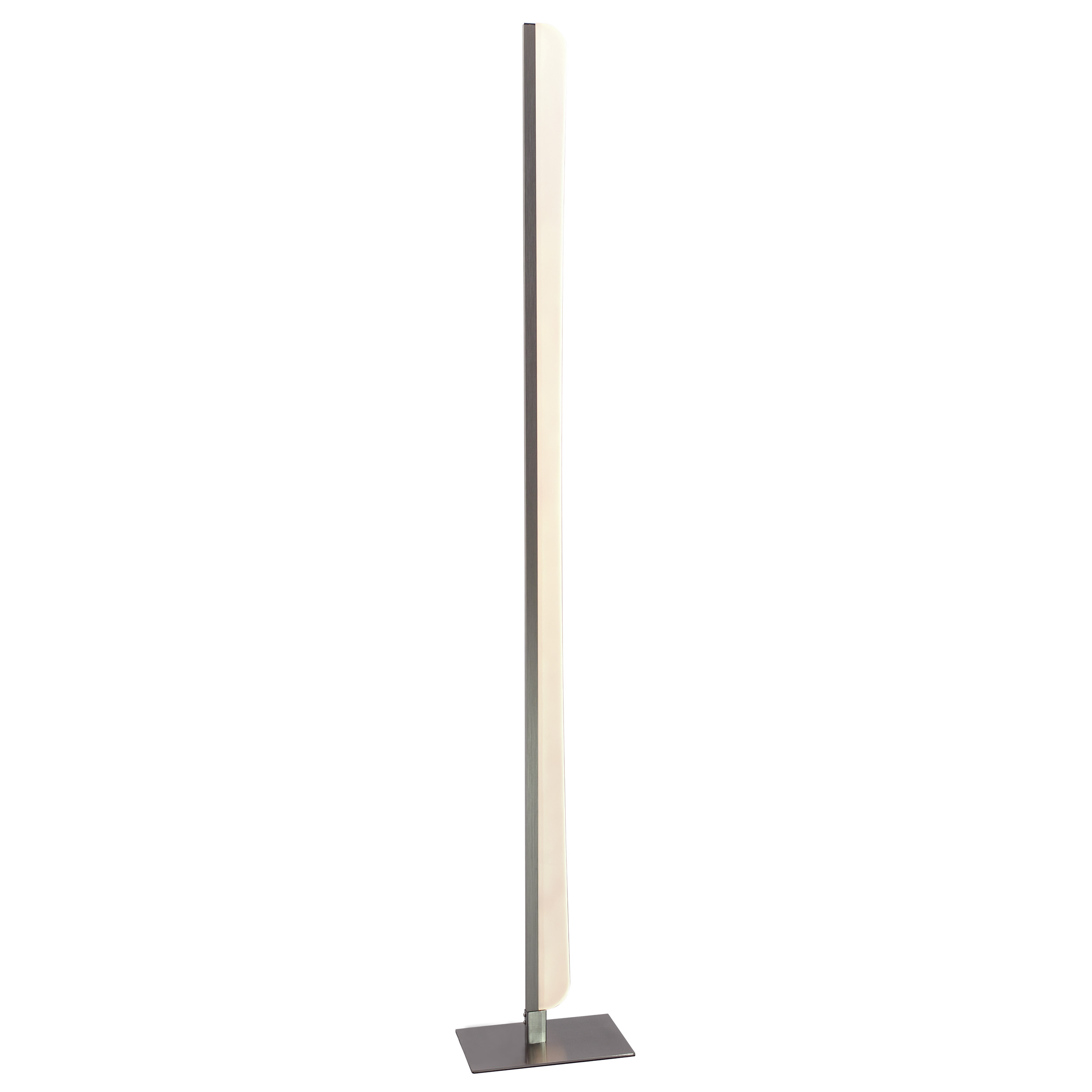 Eine hohe, silberne Lampe mit weißem Licht und schwarzem Sockel.