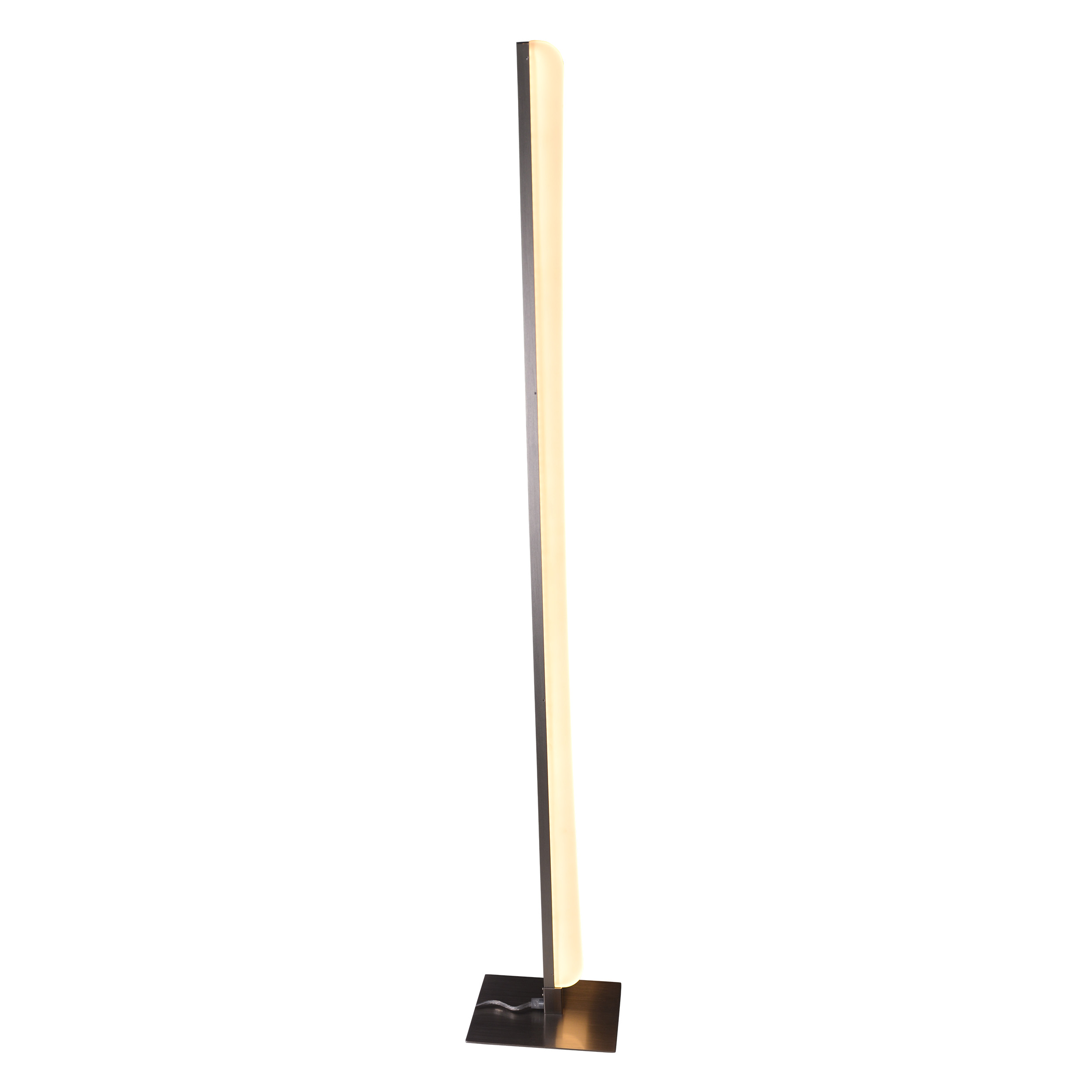 Eine hohe, schlanke, moderne Stehlampe mit einem weiß leuchtenden Panel.
