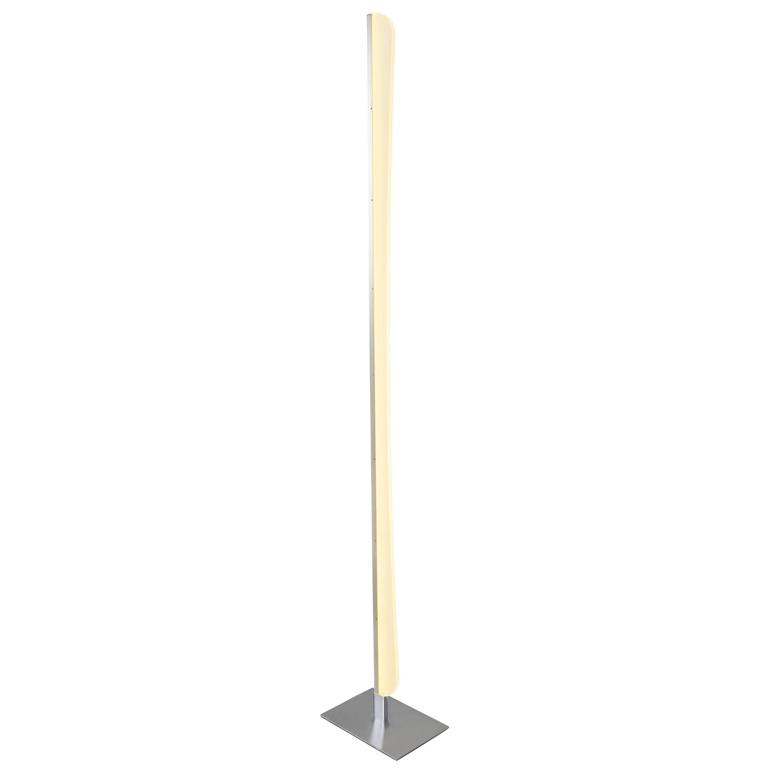 Hohe, dünne, weiße Stehlampe mit quadratischem Sockel. Das Licht ist an.