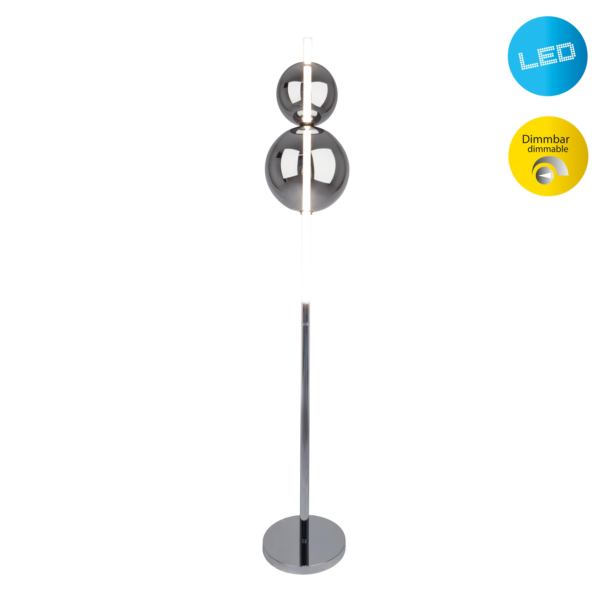 Eine verchromte Stehlampe mit zwei Kugeln und einem Lichtbalken, mit LED- und dimmbaren Etiketten.