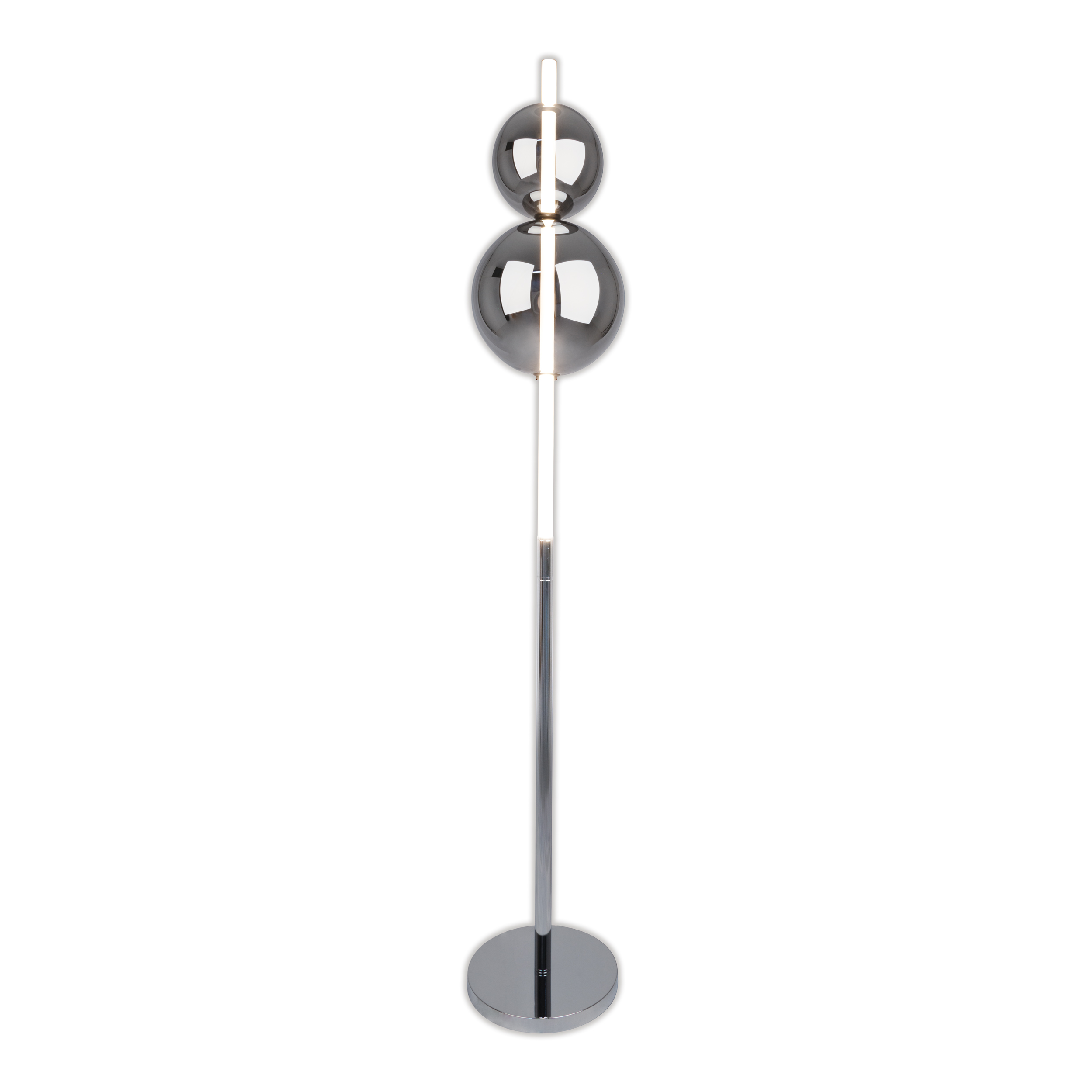 Moderne Stehlampe mit drei verchromten Kugeln und weißem Licht.