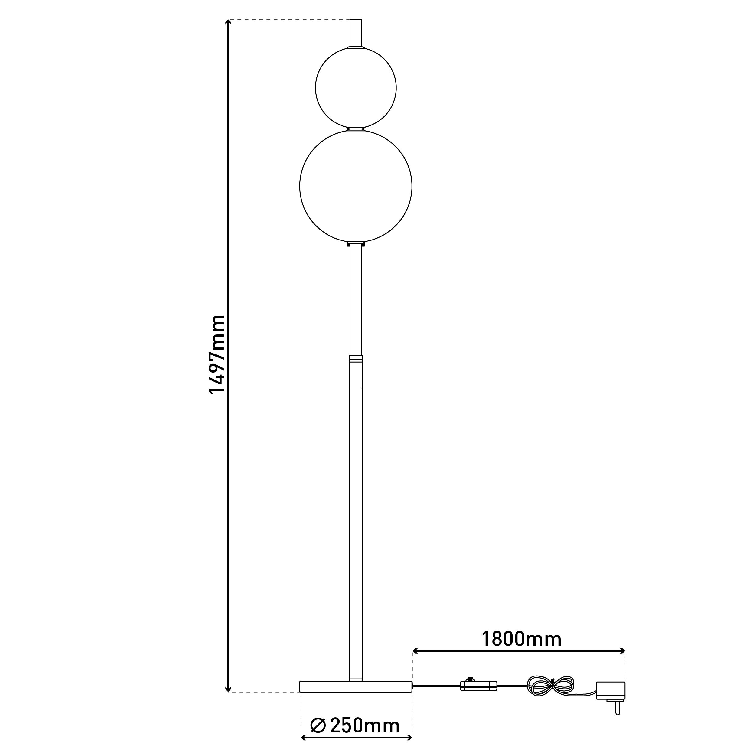 Diagramm einer hohen Stehlampe mit Abmessungen und einem Netzkabel.
