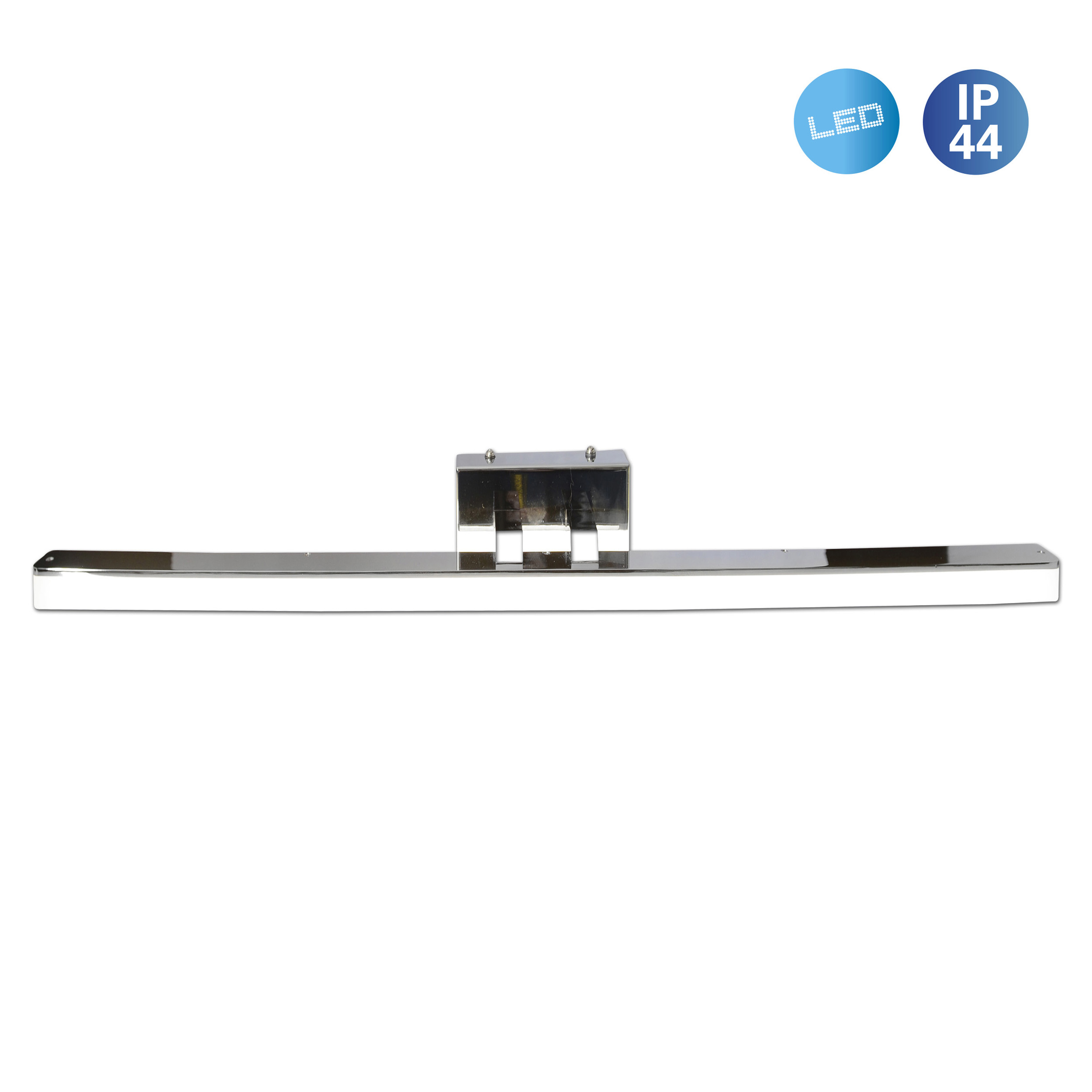 Eine silberne LED-Leuchte, IP44-zertifiziert, auf weißem Hintergrund.