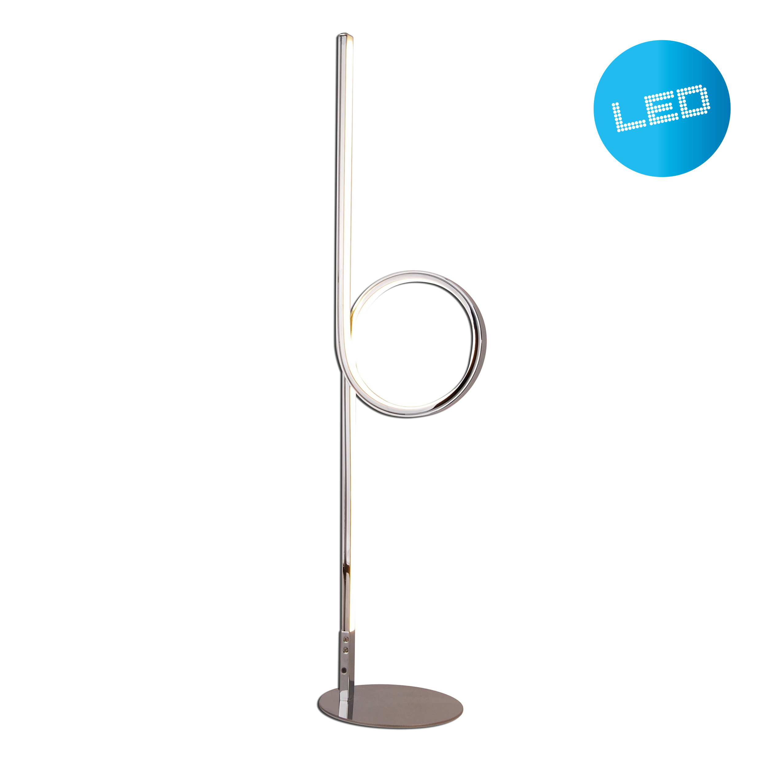 Eine moderne LED-Stehleuchte mit kreisförmigem Licht, die auf einem Metallsockel steht.