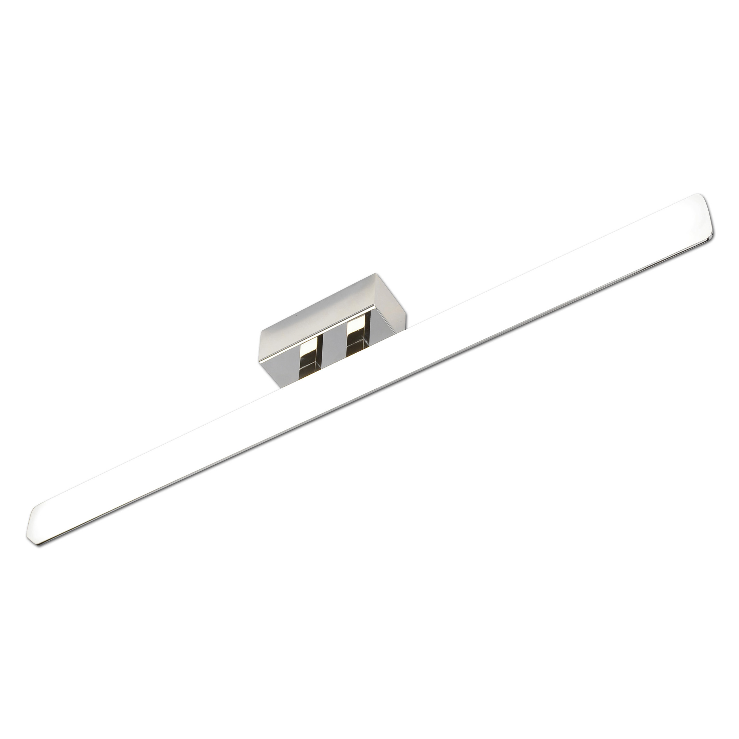 Moderne, silberne, lineare LED-Leuchte, montiert auf weißem Hintergrund. Das Licht ist lang und dünn.