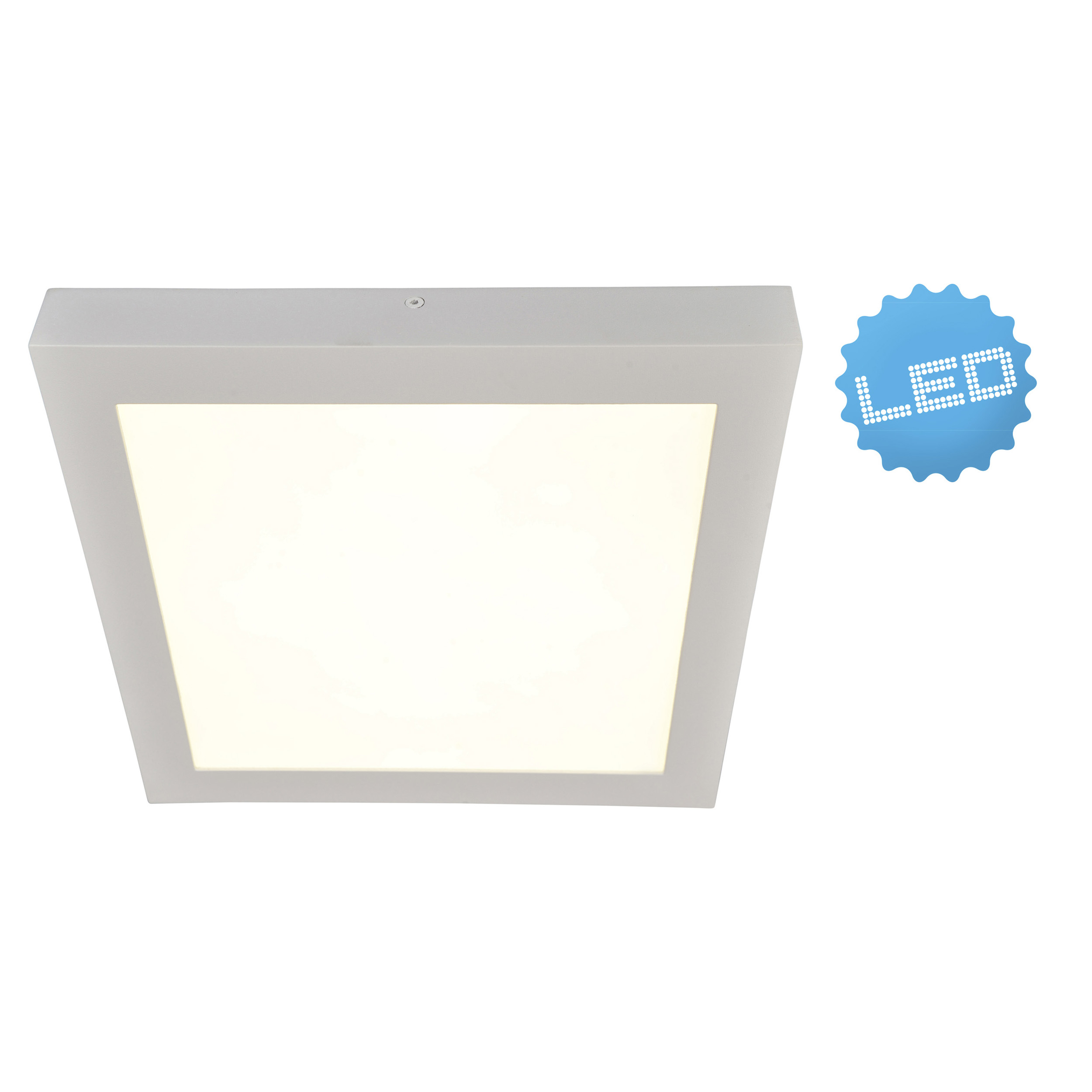 Weiße quadratische LED-Deckenleuchte mit leuchtendem Panel. Rechts befindet sich ein LED-Aufkleber.