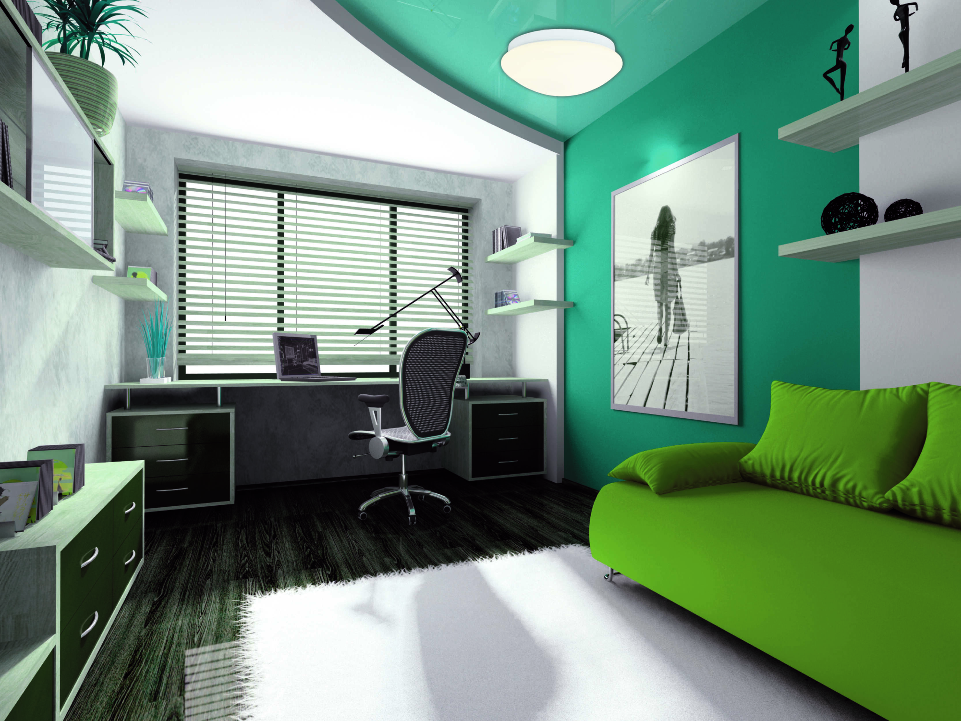 Modernes Zimmer mit Schreibtisch, Couch, Regalen und großem Fenster mit Jalousien. Türkis- und weiße Wände, Holzboden.