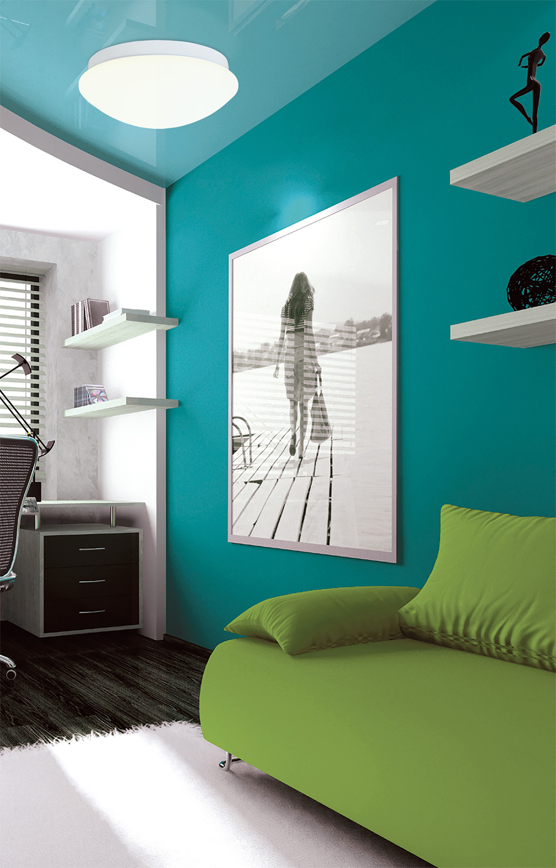 Raumausstattung mit grünem Sofa, türkisfarbener Wand mit Schwarzweißfoto und weißen Regalen.