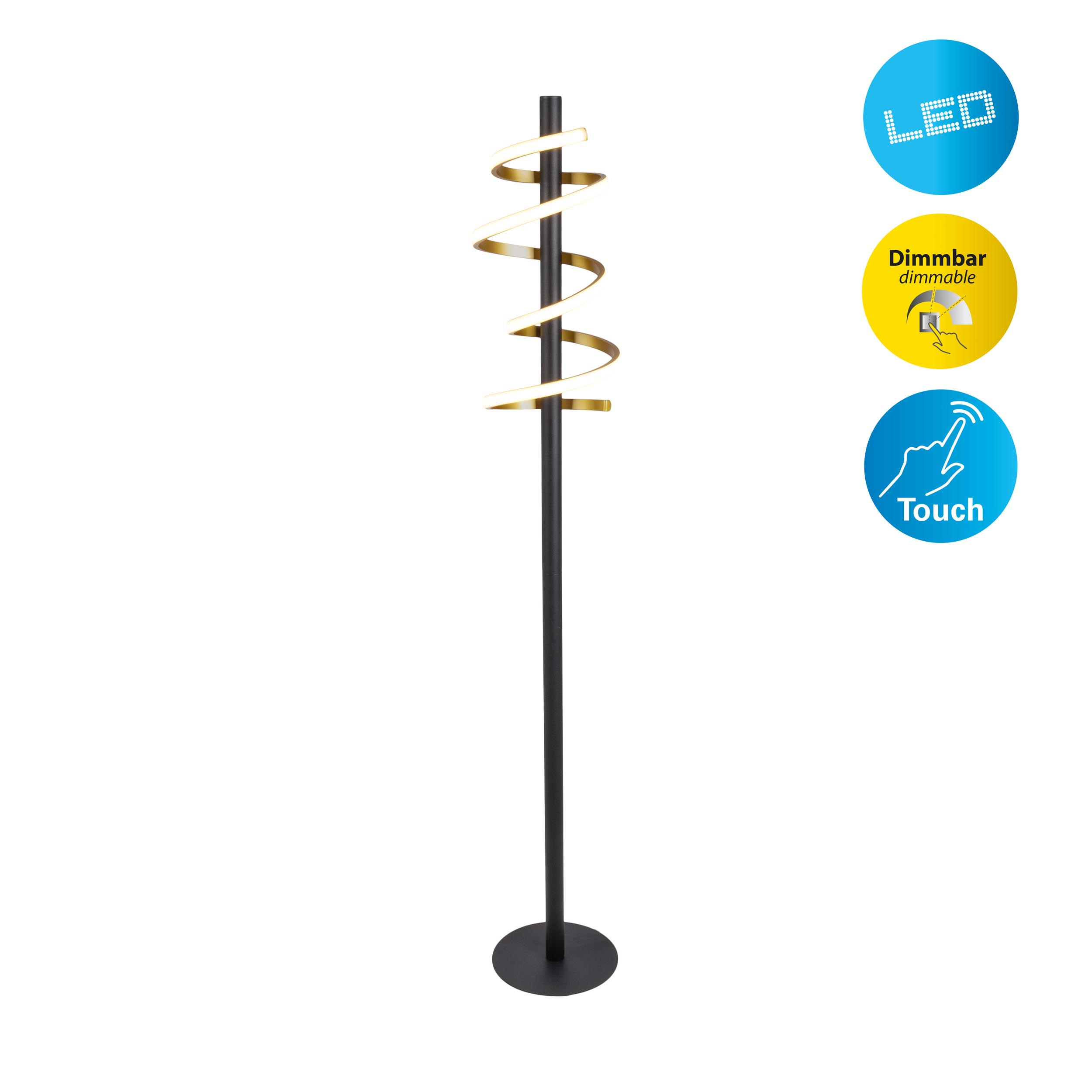 Eine schwarze Stehlampe mit goldenem Spiraldesign und Symbolen an der Seite, isoliert auf Weiß.