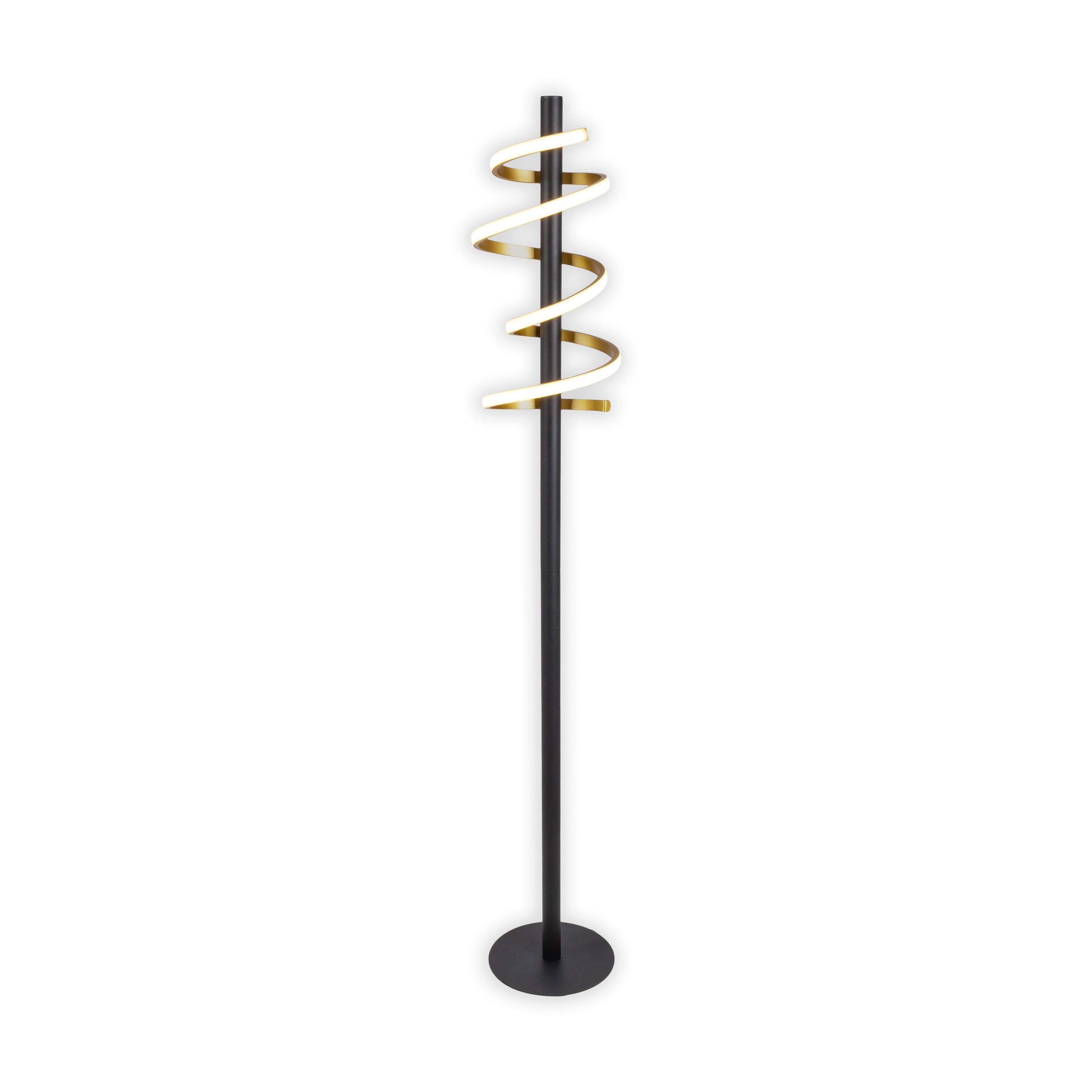 Eine spiralförmige Stehlampe mit schwarzem Ständer und weißem Licht.