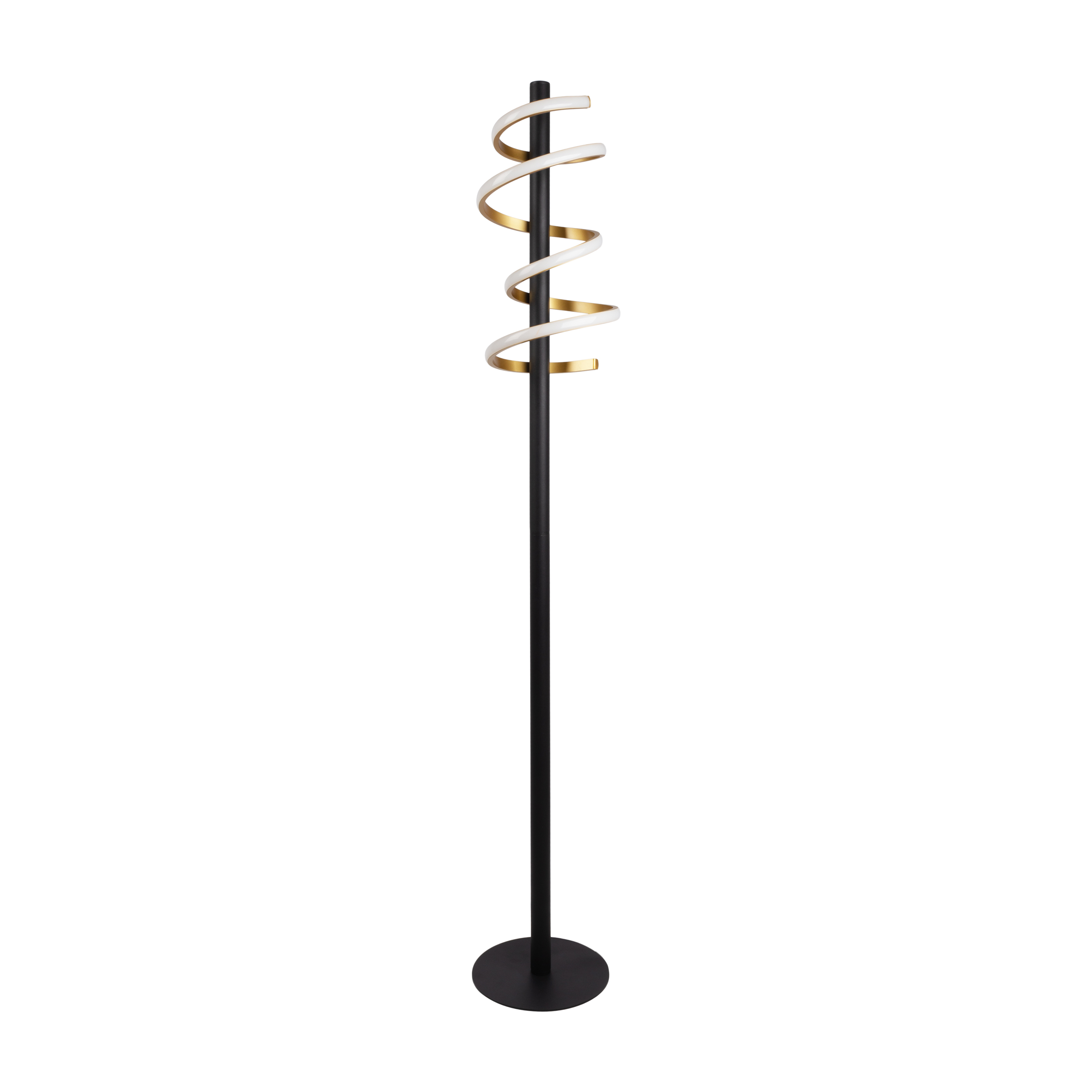 Eine hohe, schwarze Stehlampe mit Spiraldesign. Sie hat weiße und goldene Akzente und einen runden Sockel.